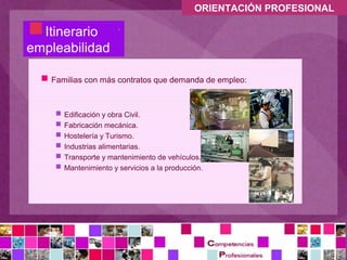 ORIENTACIÓN PROFESIONAL


 Itinerario
  Formación y
empleabilidad

  Familias con más contratos que demanda de empleo:
     Edificación y obra Civil.
     Fabricación mecánica.
     Hostelería y Turismo.
     Industrias alimentarias.
     Transporte y mantenimiento de vehículos.
     Mantenimiento y servicios a la producción.
 