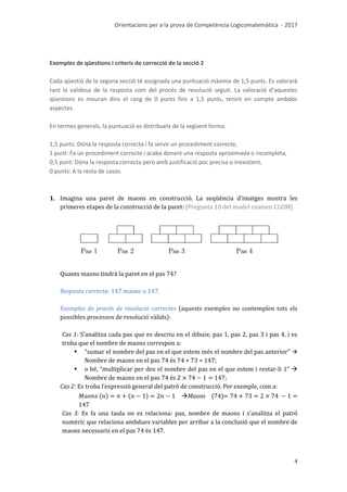 Orientacions per a la prova de Competència Logicomatemàtica - 2017
4
Exemples de qüestions i criteris de correcció de la secció 2
Cada qüestió de la segona secció té assignada una puntuació màxima de 1,5 punts. Es valorarà
tant la validesa de la resposta com del procés de resolució seguit. La valoració d’aquestes
qüestions es mouran dins el rang de 0 punts fins a 1,5 punts, tenint en compte ambdós
aspectes.
En termes generals, la puntuació es distribueix de la següent forma:
1,5 punts: Dóna la resposta correcta i fa servir un procediment correcte,
1 punt: Fa un procediment correcte i acaba donant una resposta aproximada o incompleta,
0,5 punt: Dóna la resposta correcta però amb justificació poc precisa o inexistent,
0 punts: A la resta de casos.
1. Imagina una paret de maons en construcció. La seqüència d'imatges mostra les
primeres etapes de la construcció de la paret: [Pregunta 10 del model examen CLOM]
Quants maons tindrà la paret en el pas 74?
Resposta correcta: 147 maons o 147.
Exemples de procés de resolució correctes (aquests exemples no contemplen tots els
possibles processos de resolució vàlids):
Cas 1: S’analitza cada pas que es descriu en el dibuix: pas 1, pas 2, pas 3 i pas 4, i es
troba que el nombre de maons correspon a:
 “sumar el nombre del pas en el que estem més el nombre del pas anterior” 
Nombre de maons en el pas 74 és 74 + 73 = 147;
 o bé, “multiplicar per dos el nombre del pas en el que estem i restar-li 1” 
Nombre de maons en el pas 74 és 147;
Cas 2: Es troba l’expressió general del patró de construcció. Per exemple, com a:
( ) ( ) Maons (74)
147
Cas 3: Es fa una taula on es relaciona: pas, nombre de maons i s’analitza el patró
numèric que relaciona ambdues variables per arribar a la conclusió que el nombre de
maons necessaris en el pas 74 és 147.
 