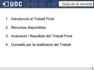 Introducció al Treball Final Recursos disponibles Avaluació i Resultats del Treball Final Consells per la realització del Treball Guió de la xerrada 