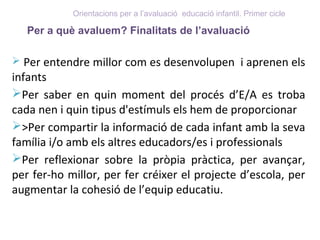  Per entendre millor com es desenvolupen i aprenen els
infants
Per saber en quin moment del procés d’E/A es troba
cada nen i quin tipus d'estímuls els hem de proporcionar
>Per compartir la informació de cada infant amb la seva
família i/o amb els altres educadors/es i professionals
Per reflexionar sobre la pròpia pràctica, per avançar,
per fer-ho millor, per fer créixer el projecte d’escola, per
augmentar la cohesió de l’equip educatiu.
Orientacions per a l’avaluació educació infantil. Primer cicle
Per a què avaluem? Finalitats de l’avaluació
 