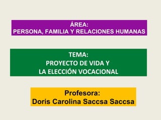 ÁREA:
PERSONA, FAMILIA Y RELACIONES HUMANAS

TEMA:
PROYECTO DE VIDA Y
LA ELECCIÓN VOCACIONAL
Profesora:
Doris Carolina Saccsa Saccsa

 