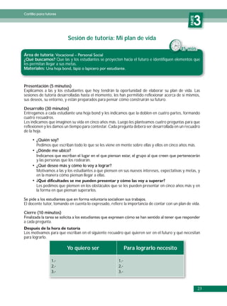 Cartilla para tutores




                                                                                                  PARTE
                                                                                                     3
                          Sesión de tutoría: Mi plan de vida
                                                                                            45 min.
Área de tutoría:
¿Qué buscamos? Que las y los estudiantes se proyecten hacia el futuro e identifiquen elementos que
les permitan llegar a sus metas.
Materiales:



Presentación (5 minutos)
Explicamos a las y los estudiantes que hoy tendrán la oportunidad de elaborar su plan de vida. Las
sesiones de tutoría desarrolladas hasta el momento, les han permitido reflexionar acerca de sí mismos,
sus deseos, su entorno, y están preparados para pensar cómo construirán su futuro.

Desarrollo (30 minutos)
Entregamos a cada estudiante una hoja bond y les indicamos que la doblen en cuatro partes, formando
cuatro recuadros.
Les indicamos que imaginen su vida en cinco años más. Luego les planteamos cuatro preguntas para que
reflexionen y les damos un tiempo para contestar. Cada pregunta deberá ser desarrollada en un recuadro
de la hoja.

        ¿Quién soy?
        Pedimos que escriban todo lo que se les viene en mente sobre ellas y ellos en cinco años más.
        ¿Dónde me ubico?

        y las personas que los rodearán.
        ¿Qué deseo más y cómo lo voy a lograr?
        Motivamos a las y los estudiantes a que piensen en sus nuevos intereses, expectativas y metas, y
        en la manera cómo piensan llegar a ellas.

        Les pedimos que piensen en los obstáculos que se les pueden presentar en cinco años más y en
        la forma en que piensan superarlos.


El docente tutor, tomando en cuenta lo expresado, refiere la importancia de contar con un plan de vida.

Cierre (10 minutos)

a cada pregunta.

Los motivamos para que escriban en el siguiente recuadro qué quieren ser en el futuro y qué necesitan
para lograrlo.

                         Yo quiero ser                        Para lograrlo necesito

                 1.-                                    1.-
                 2.-                                    2.-
                 3.-                                    3.-


                                                                                                          23
 