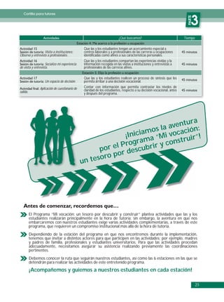 Cartilla para tutores




                                                                                                                           PARTE
                                                                                                                              3
                                                                           ¿Qué buscamos?                                Tiempo

                                                 Que las y los estudiantes tengan un acercamiento especial a
                   Visita a instituciones:       centros laborales y a profesionales de las carreras u ocupaciones
Observo y entrevisto a profesionales.            identificadas como afines a sus características personales.
                                                 Que las y los estudiantes compartan las experiencias vividas y la
                     Socializo mi experiencia    información recogida en las visitas a instituciones y entrevistas a
de visita y entrevista.                          profesionales de las carreras afines.

                                                 Que las y los estudiantes realicen un proceso de síntesis que les
                    Un espacio de decisión.      permita arribar a una decisión vocacional.
                Aplicación de cuestionario de    Contar con información que permita contrastar los niveles de
salida.                                          claridad de los estudiantes, respecto a su decisión vocacional, antes
                                                 y después del programa.




                                                                                   ra
                                                                            aaventu n:
                                                                       mos l vocació
                                                                ¡Inicia a “Mi       r”!
                                                                rog ram y construi
                                                      po  r el P escubrir
                                                                 d
                                                       oro por
                                                un tes




          El Programa “Mi vocación: un tesoro por descubrir y construir” plantea actividades que las y los
          estudiantes realizarán principalmente en la hora de tutoría; sin embargo, la aventura en que nos
          embarcaremos con nuestros estudiantes exige varias actividades complementarias, a través de este
          programa, que requieren un compromiso institucional más allá de la hora de tutoría.
          Dependiendo de la estación del programa en que nos encontremos durante la implementación,
          tenemos que invitar a distintos actores para que participen en las actividades; por ejemplo, madres
          y padres de familia, profesionales y estudiantes universitarios. Para que las actividades procedan
          adecuadamente, necesitamos asegurar su asistencia realizando previamente las coordinaciones
          pertinentes.
          Debemos conocer la ruta que seguirán nuestros estudiantes, así como las 6 estaciones en las que se
          detendrán para realizar las actividades de este entretenido programa.
          ¡Acompañemos y guiemos a nuestros estudiantes en cada estación!

                                                                                                                                   25
 