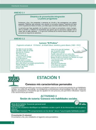 Orientación Vocacional



     ANEXO 3.1
                             Dinámica de presentación-integración
                                    La pelota preguntona


           correr la pelota de mano en mano, y se indica que a la señal, deben detener el ejercicio.
           La persona q haya q
              p        que y quedado con la pelota en la mano se presentará a todo el g p
                                                p                       p                    grupo:
           dirá su nombre y realizará un movimiento q p
                                                      que piense q lo caracterice (
                                                                  que               (saludar con la
                                          El ejercicio continúa de la misma manera hasta que se
           presenta la mayoría de asistentes.


     ANEXO 3.2


        Fragmento extraído de “El Profeta”, de Khalil Gibran, novelista y poeta libanés (1883 -1931).

       Tus hijos no son tus hijos,                          viven en la casa del mañana,
       son hijos e hijas de la vida,                        que no puedes visitar,
       deseosa de sí misma.                                 ni siquiera en sueños.
       No vienen de ti,                                     Puedes esforzarte en ser como ellos,
                                                                                               ll
       sino a través de ti,                                 pero no procures hacerlos semejantes a ti,
       y aunque estén contigo,                              porque la vida no retrocede ni se detiene en el ayer.
       no te pertenecen.                                    Tú eres el arco del cual tus hijos,
       Puedes darles tu amor,                               como flechas vivas,
       pero no tus pensamientos,                            son lanzados.
       pues ellos tienen sus propios pensamientos.          Deja que la inclinación,
       Puedes abrigar sus cuerpos,                          en tu mano de arquero,
       pero no sus almas,                                   sea para la felicidad.
       porque ellos




                                       ESTACIÓN 1
PARE
 La primera estación permitirá que nuestros estudiantes avancen en el autoconocimiento de sus habilidades
 sociales, sus estilos de aprendizaje, sus inteligencias y orientaciones de personalidad. Para ello, resolverán
 algunos cuestionarios e inventarios que los ayudará en este proceso y les permitirá reflexionar respecto
 a sus características personales.

                                             ACTIVIDAD 4


 Area de la tutoría:                                                                                45 min.
 ¿Qué buscamos?
 Que las y los estudiantes identifiquen sus habilidades sociales a partir de las interacciones con sus pares y
 entorno.
 Materiales:

 Presentación (5 minutos)
 Presentamos a las y los estudiantes el siguiente aviso periodístico:


32
 