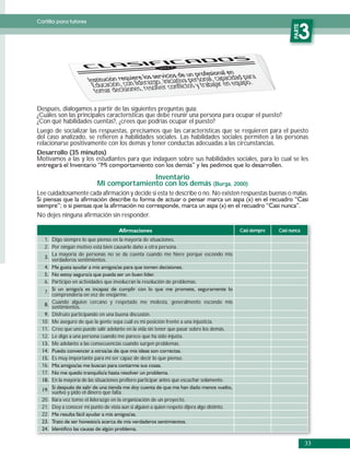 Cartilla para tutores




                                                                                                                   PARTE
                                                                                                                      3

                                                                personal, capacidad para
                                      con liderazgo, iniciativatos y trabajar en equipo.
                           Educación, iones, resolver conflic
                            tomar decis

Después, dialogamos a partir de las siguientes preguntas guía:
¿Cuáles son las principales características que debe reunir una persona para ocupar el puesto?
¿Con qué habilidades cuentas?, ¿crees que podrías ocupar el puesto?
Luego de socializar las respuestas, precisamos que las características que se requieren para el puesto
del caso analizado, se refieren a habilidades sociales. Las habilidades sociales permiten a las personas
relacionarse positivamente con los demás y tener conductas adecuadas a las circunstancias.
Desarrollo (35 minutos)
Motivamos a las y los estudiantes para que indaguen sobre sus habilidades sociales, para lo cual se les

                                            Inventario
                             Mi comportamiento con los demás (Burga, 2000)
Lee cuidadosamente cada afirmación y decide si esta te describe o no. No existen respuestas buenas o malas.


No dejes ninguna afirmación sin responder.

                                                                                             Casi siempre   Casi nunca
   1. Digo siempre lo que pienso en la mayoría de situaciones.
   2. Por ningún motivo está bien causarle daño a otra persona.
      La mayoría de personas no se da cuenta cuando me hiere porque escondo mis
      verdaderos sentimientos.



   6. Participo en actividades que involucran la resolución de problemas.
   7.
      comprendería en vez de enojarme.
      Cuando alguien cercano y respetado me molesta, generalmente escondo mis
      sentimientos.
      Disfruto participando en una buena discusión.
  10. Me aseguro de que la gente sepa cuál es mi posición frente a una injusticia.
  11. Creo que uno puede salir adelante en la vida sin tener que pasar sobre los demás.
  12. Le digo a una persona cuando me parece que ha sido injusta.
      Me adelanto a las consecuencias cuando surgen problemas.

        Es muy importante para mí ser capaz de decir lo que pienso.
  16.
  17.
        En la mayoría de las situaciones prefiero participar antes que escuchar solamente.

      vuelvo y pido el dinero que falta.
  20. Rara vez tomo el liderazgo en la organización de un proyecto.
  21. Doy a conocer mi punto de vista aun si alguien a quien respeto dijera algo distinto.
  22.




                                                                                                                           33
 