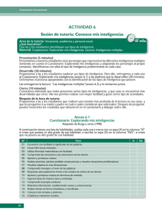 Orientación Vocacional




                                                 ACTIVIDAD 6


Area de la tutoría:                                                                              45 min.
¿Qué buscamos?
Que las y los estudiantes identifiquen sus tipos de inteligencia.
Material:

Presentación (5 minutos)
Presentamos a nuestros estudiantes siete personajes que representen las diferentes inteligencias múltiples
(teniendo en cuenta el Cuestionario: Explorando mis inteligencias y adaptando los personajes al propio

Desarrollo (30 minutos)
Proponemos a las y los estudiantes explorar sus tipos de inteligencia. Para ello, entregamos a cada uno
Orientamos el proceso apoyándolos con la identificación de los tipos de inteligencia que poseen.

Cierre (10 minutos)
Concluimos indicando que todos poseemos varios tipos de inteligencias, y que unas se encuentran más
desarrolladas que otras; ello nos permite realizar con mayor facilidad y gusto cierto tipo de actividades.

Proponemos a las y los estudiantes que realicen una revisión más profunda de la lectura en sus casas; y
que les pregunten a su madre y padre en cuál o cuáles consideran que sobresalen. Después de preguntar,
pueden mostrarles los resultados que obtuvieron en el cuestionario y dialogar sobre ello.


                                               Anexo 6.1
                               Cuestionario: Explorando mis inteligencias



que no posees un alto grado de esa habilidad.
     Nº                                                 Ítem                                   Sí    No
     01 Encuentro con facilidad el significado de las palabras.
     02 Desarrollo tareas manuales.

          Comprendo las emociones y las intenciones de los demás.

     06
     07
          Comprendo mensajes a través de las palabras.
          Respondo adecuadamente frente a los estados de ánimo de los demás.
     10
     11   Expreso ideas de manera clara y ordenada.
     12   Comprendo la propia conducta.
          Relaciono información, estableciendo causas y consecuencias.
          Realizo tareas en forma simultánea y coordinada.
          Conozco mis virtudes y defectos .
     16   Establezco relaciones sociales.


40
 