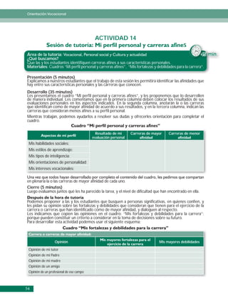 Orientación Vocacional




                                           ACTIVIDAD 14
                                                                                               s
Área de la tutoría:                                                                                      45 min.
¿Qué buscamos?
Que las y los estudiantes identifiquen carreras afines a sus características personales.
Materiales: Cuadros “Mi perfil personal y carreras afines”, “Mis fortalezas y debilidades para la carrera”.

Presentación (5 minutos)
Explicamos a nuestros estudiantes que el trabajo de esta sesión les permitirá identificar las afinidades que
hay entre sus características personales y las carreras que conocen.
Desarrollo (35 minutos)
Les presentamos el cuadro “Mi perfil personal y carreras afines”, y les proponemos que lo desarrollen
de manera individual. Les comentamos que en la primera columna deben colocar los resultados de sus
evaluaciones personales en los aspectos indicados. En la segunda columna, anotarán la o las carreras
que identifican como de mayor afinidad de acuerdo a sus resultados, y en la tercera columna, indican las
carreras que consideran menos afines a su perfil personal.
Mientras trabajan, podemos ayudarlos a resolver sus dudas y ofrecerles orientación para completar el
cuadro.

                                            Resultado de mi     Carreras de mayor     Carreras de menor
                                          evaluación personal
 Mis habilidades sociales:
 Mis estilos de aprendizaje:
 Mis tipos de inteligencia:
 Mis orientaciones de personalidad:
 Mis intereses vocacionales:


en plenaria la o las carreras de mayor afinidad de cada uno.
Cierre (5 minutos)
Luego evaluamos juntos qué les ha parecido la tarea, y el nivel de dificultad que han encontrado en ella.

Podemos proponer a las y los estudiantes que busquen a personas significativas, en quienes confíen, y
les pidan su opinión sobre las fortalezas y debilidades que consideran que tienen para el ejercicio de la
carrera o carreras que han identificado como de mayor afinidad, y dialoguen al respecto.
Les indicamos que copien las opiniones en el cuadro: “Mis fortalezas y debilidades para la carrera”;
porque pueden constituir un criterio a considerar en la toma de decisiones sobre su futuro.
Para desarrollar esta actividad podemos usar el siguiente esquema:



                  Opinión                                                       Mis mayores debilidades

 Opinión de mi tutor
 Opinión de mi Padre
 Opinión de mi madre
 Opinión de un amigo
 Opinión de un profesional de ese campo



54
 