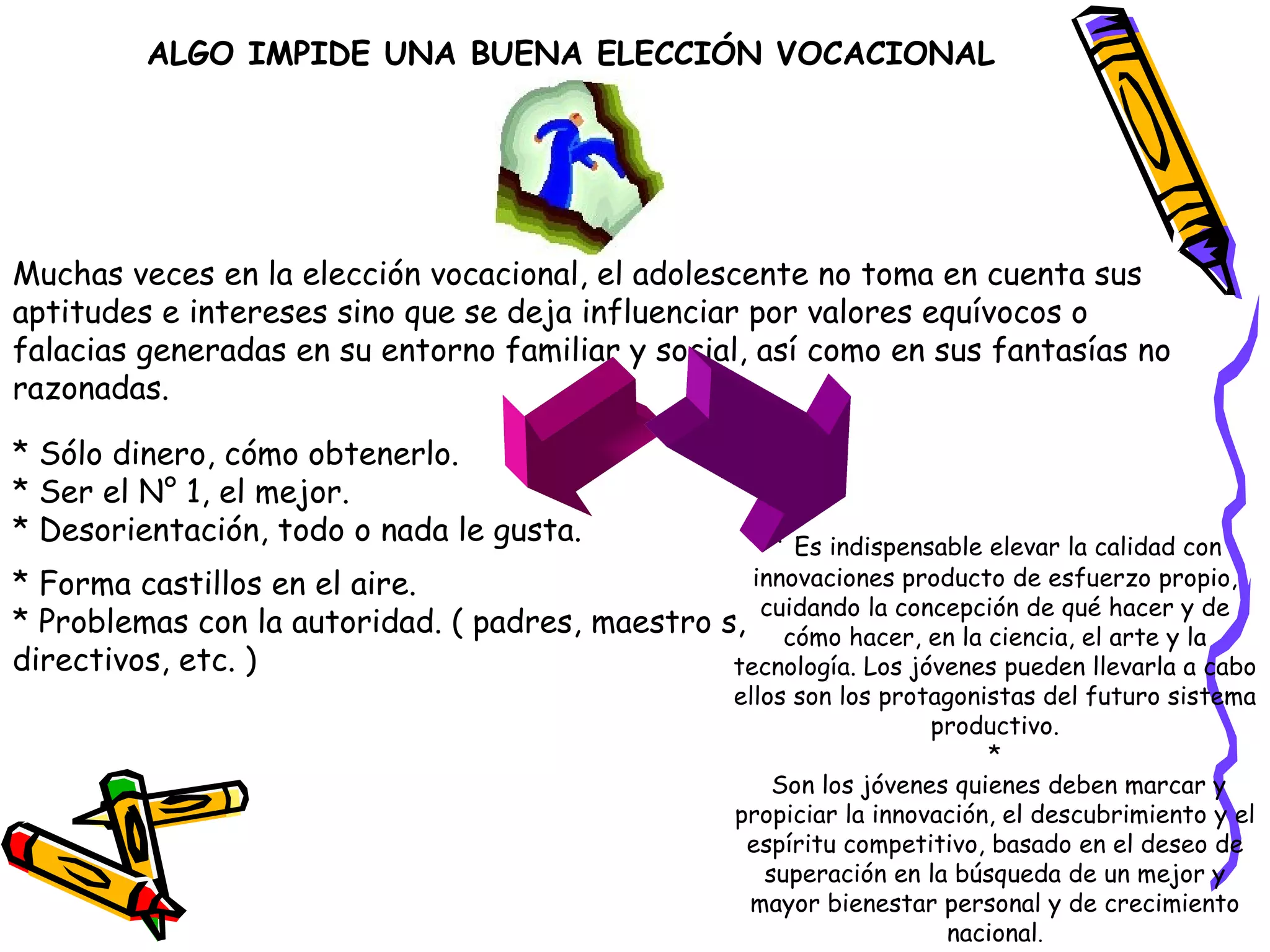ALGO IMPIDE UNA BUENA ELECCIÓN VOCACIONAL   Muchas veces en la elección vocacional, el adolescente no toma en cuenta sus aptitudes e intereses sino que se deja influenciar por valores equívocos o falacias generadas en su entorno familiar y social, así como en sus fantasías no razonadas. * Sólo dinero, cómo obtenerlo. * Ser el N° 1, el mejor. * Desorientación, todo o nada le gusta. * Forma castillos en el aire. * Problemas con la autoridad. ( padres, maestro s, directivos, etc. ) *  Es indispensable elevar la calidad con innovaciones producto de esfuerzo propio, cuidando la concepción de qué hacer y de cómo hacer, en la ciencia, el arte y la tecnología. Los jóvenes pueden llevarla a cabo ellos son los protagonistas del futuro sistema productivo. * Son los jóvenes quienes deben marcar y propiciar la innovación, el descubrimiento y el espíritu competitivo, basado en el deseo de superación en la búsqueda de un mejor y mayor bienestar personal y de crecimiento nacional . 