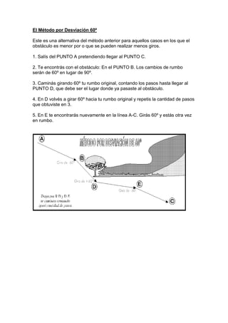 El Método por Desviación 60º
Este es una alternativa del método anterior para aquellos casos en los que el
obstáculo es menor por o que se pueden realizar menos giros.
1. Salís del PUNTO A pretendiendo llegar al PUNTO C.
2. Te encontrás con el obstáculo: En el PUNTO B. Los cambios de rumbo
serán de 60º en lugar de 90º.
3. Caminás girando 60º tu rumbo original, contando los pasos hasta llegar al
PUNTO D, que debe ser el lugar donde ya pasaste al obstáculo.
4. En D volvés a girar 60º hacia tu rumbo original y repetis la cantidad de pasos
que obtuviste en 3.
5. En E te encontrarás nuevamente en la línea A-C. Girás 60º y estás otra vez
en rumbo.
 