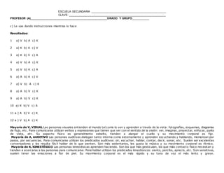 ESCUELA SECUNDARIA ________________________________________________
CLAVE: ______________________________________________________________
PROFESOR (A)_________________________________________________GRADO Y GRUPO__________
www.editorialmd.com
10.- ¿Con cuál de las siguientes aficiones disfrutas más?
a) Pasear/cuidar del jardín/bailar
b) Dibujar/pintar/ver paisajes/sacar fotografías
c) Música/cantar/contar historias
11.- Para adquirir una nueva habilidad prefieres:
a) Escuchar una descripción y hacer preguntas
b) Ver diagramas y presentaciones
c) Hacer ejercicios
12.- Cuando realmente quieres enseñar algo a alguien:
a) Creas una imagen para esa persona
b) Se lo explicas lógicamente
c) Le vas dando instrucciones mientras lo hace
Resultados:
1 a) V b) A c) K
2 a) K b) A c) V
3 a) K b) V c) A
4 a) V b) A c) K
5 a) V b) K c) A
6 a) A b) K c) V
 