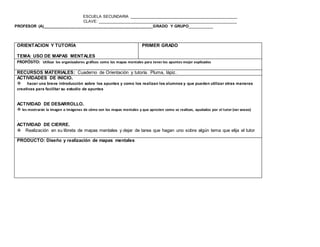 ESCUELA SECUNDARIA ________________________________________________
CLAVE: ______________________________________________________________
PROFESOR (A)_________________________________________________GRADO Y GRUPO__________
www.editorialmd.com
7 a) V b) A c) K
8 a) A b) V c) K
9 a) A b) V c) K
10 a) K b) V c) A
11 a ) A b) V c) K
12 a ) V b) A c) K
Mayoría de V, VISUAL Las personas visuales entienden el mundo tal como lo ven y aprenden a través de la vista: fotografías, esquemas, diagramas
de flujo, etc. Para comunicarse utilizan verbos y expresiones que tienen que ver con el sentido de la visión: ver, imaginar, proyectar, enfocar, punto
de vista, etc. Su aspecto físico es generalmente esbelto, tienden a alargar el cuello y su movimiento corporal es fijo.
Mayoría de A, AUDITIVO Las personas auditivas dialogan tanto interna como externamente y aprenden escuchando y hablando, memorizan por
pasos, por secuencias. Para comunicarse utilizan los predicados auditivos: oír, escuchar, hablar, contar, decir, sonar, etc. Suelen ser excelentes
conversadores y les resulta fácil hablar de lo que sienten. Son más sedentarios, les gusta la música y su movimiento corporal es rítmico.
Mayoría de K, KINESTÉSICO Las personas kinestésicas aprenden haciendo. Son los que más gesticulan, los que más contacto físico necesitan y
tienden a acercarse a las personas para comunicarse. Para hablar utilizan los predicados kinestésicos: siento, percibo, aprecio, etc. Son sensitivas,
suelen tener las emociones a flor de piel. Su movimiento corporal es el más rápido y su tono de voz el más lento y grave.
ORIENTACION Y TUTORÍA
TEMA: USO DE MAPAS MENTALES
PRIMER GRADO
PROPÓSITO: Utilizar los organizadores gráficos como los mapas mentales para tener los apuntes mejor explicados
RECURSOS MATERIALES: Cuaderno de Orientación y tutoría. Pluma, lápiz.
 