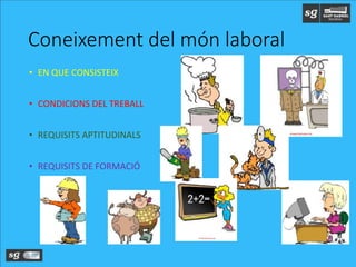 Coneixement del món laboral
• EN QUE CONSISTEIX
• CONDICIONS DEL TREBALL
• REQUISITS APTITUDINALS
• REQUISITS DE FORMACIÓ
 