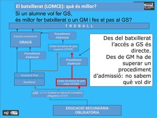 Cicles formatius de grau
superior (CFGS)
Estudis universitaris
GRAUS
Cicles formatius de grau
mitjà (CFGM)
Batxillerat
T R E B A L L
EDUCACIÓ SECUNDÀRIA
OBLIGATÒRIA
AMB títol de Graduat en educació secundària
obligatòria (GESO)
Des del batxillerat
l’accés a GS és
directe.
Des de GM ha de
superar un
procediment
d’admissió: no sabem
què vol dir
Si un alumne vol fer GS,
és millor fer batxillerat o un GM i fes el pas al GS?
Avaluació final
Procediment
d’admissió
Procediment
d’admissió
El batxillerat (LOMCE): què és millor?
Procediment
d’admissió
 