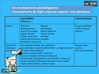 Especialitats:
Tècnic en ...
Característiques
Esports Atletisme Bàsquet
Busseig esportiu Espeleologia
Esports de combat Esports eqüestres
Esports d’hivern Esports de vela
Futbol i futbol sala Handbol
Esports de muntanya i escalada
Salvament i socorrisme
De grau mitjà (dos
nivells) i de grau
superior
Cicles d’arts
plàstiques i
disseny
Arts aplicades al llibre (Arts gràfiques)
Arts aplicades a la indumentària (Tèxtil ..; Imatge personal)
Art floral (Arts gràfiques)
Ceràmica artística (Vidre i ceràmica)
Disseny d’interiors (Edificació i obra civil)
Disseny gràfic (Arts gràfiques; Comunicació, imatge i so)
Disseny industrial (Fabricació mecànica; Fusta i moble)
Teixits artístics (Tèxtil, confecció i pell)
De grau mitja i
superior
De 2 anys de durada
Els ensenyaments postobligatoris:
Ensenyaments de règim especial: esports i arts plàstiques
 