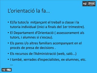 L’orientació la fa…
• El/la tutor/a mitjançant el treball a classe i la
tutoria individual (inici a finals del 1er trimestre).
• El Departament d’Orientació ( assessorament als
tutors, i alumnes si s'escau).
• Els pares i/o altres familiars acompanyant en el
procés de presa de decisions .
• Els recursos de l’Administració (web, saló...)
• I també, xerrades d’especialistes, ex-alumnes, etc.
...
 