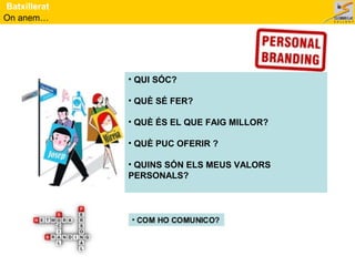 On anem…
Batxillerat
• QUI SÓC?
• QUÈ SÉ FER?
• QUÈ ÉS EL QUE FAIG MILLOR?
• QUÈ PUC OFERIR ?
• QUINS SÓN ELS MEUS VALORS
PERSONALS?
 
