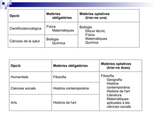 Biologia Química Ciències de la salut Biologia Dibuix tècnic Física Matemàtiques Química  Física Matemàtiques Cientificotecnològica Matèries optatives (triar-ne una) Matèries obligatòries Opció Història de l'art Arts Història contemporània Ciències socials Filosofia Geografia Història contemporània Història de l'art Literatura Matemàtiques aplicades a les ciències socials Filosofia Humanitats Matèries optatives (triar-ne dues) Matèries obligatòries Opció 