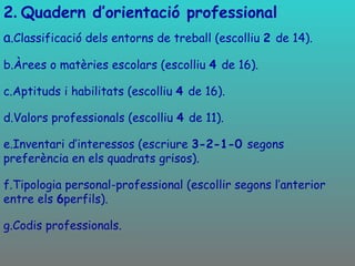 2 .  Quadern d’orientació professional a .Classificació dels entorns de treball (escolliu  2  de 14). b.Àrees o matèries escolars (escolliu  4  de 16). c.Aptituds i habilitats (escolliu  4  de 16).  d.Valors professionals (escolliu  4  de 11). e.Inventari d’interessos (escriure  3-2-1-0  segons preferència en els quadrats grisos).  f.Tipologia personal-professional (escollir segons l’anterior entre els  6 perfils).  g.Codis professionals.  