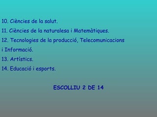 10. Ciències de la salut. 11. Ciències de la naturalesa i Matemàtiques. 12. Tecnologies de la producció, Telecomunicacions i Informació. 13. Artístics. 14. Educació i esports. ESCOLLIU 2 DE 14 