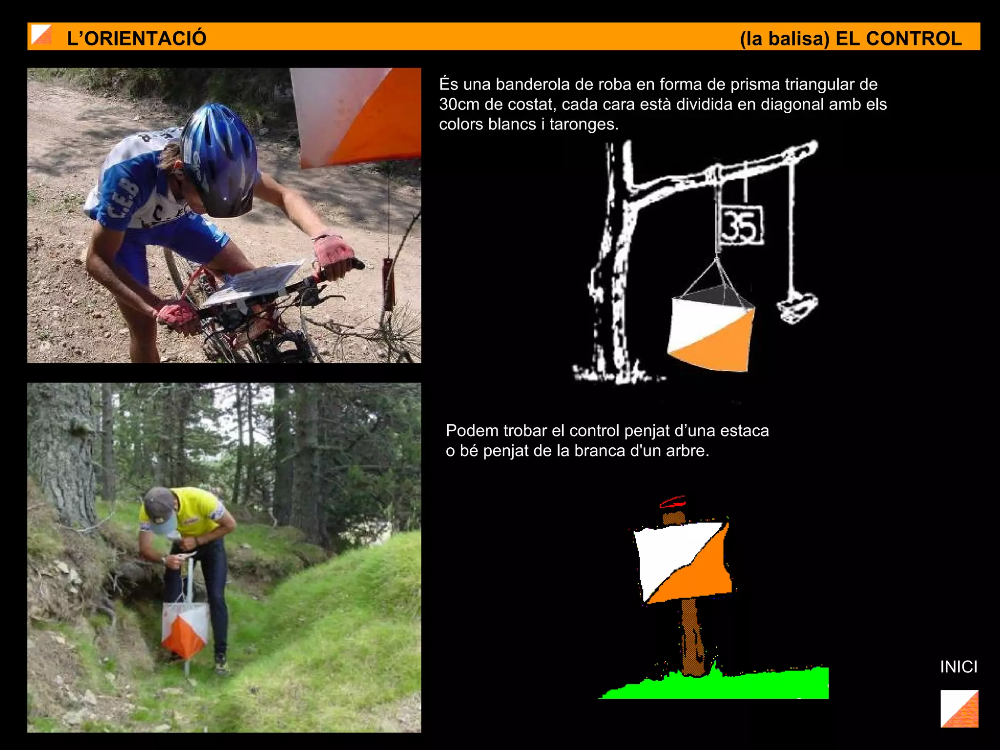 L’ORIENTACIÓ (la balisa) EL CONTROL INICI És una banderola de roba en forma de prisma triangular de 30cm de costat, cada cara està dividida en diagonal amb els colors blancs i taronges.  Podem trobar el control penjat d’una estaca  o bé penjat de la branca d'un arbre. 