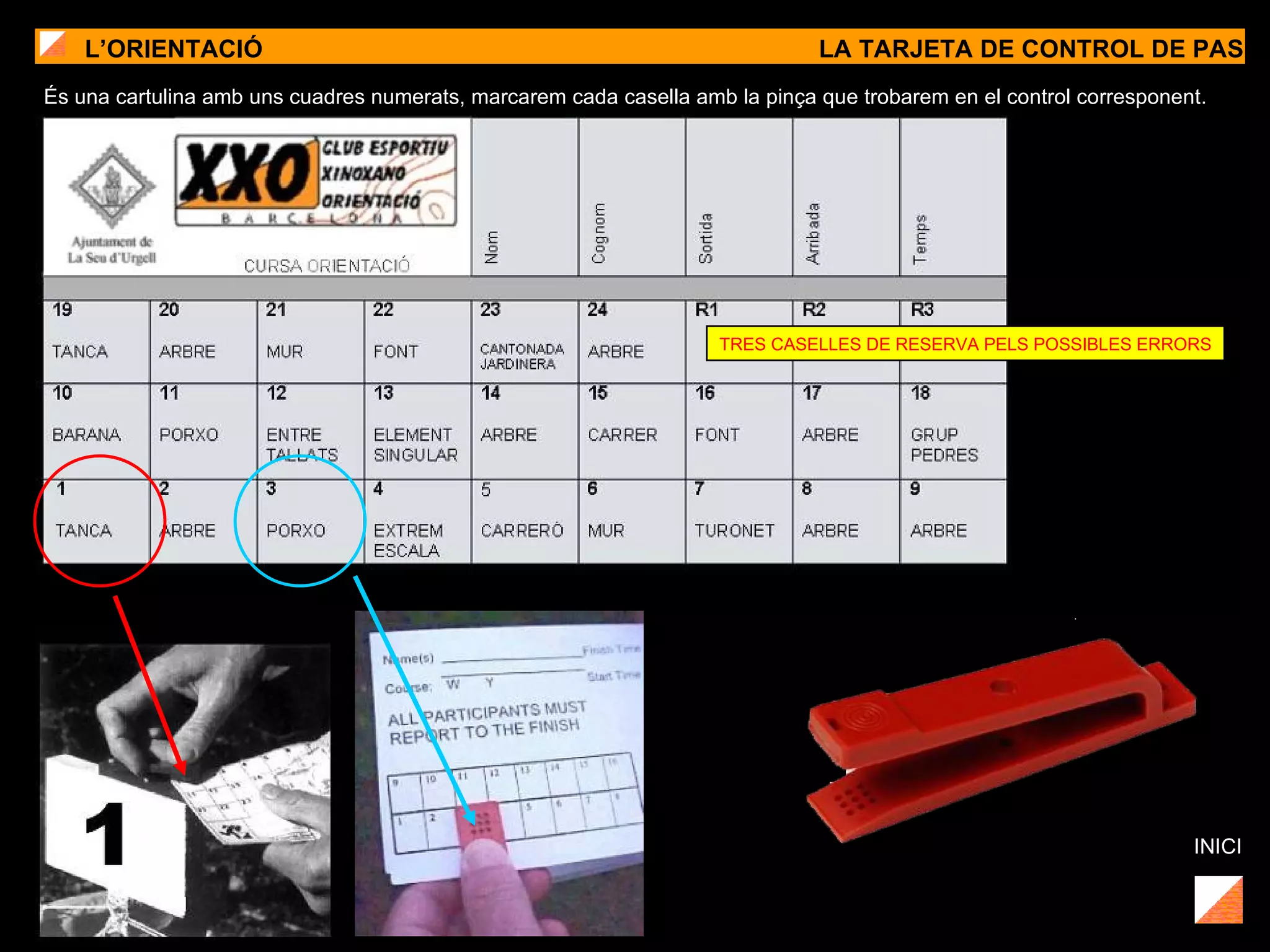 L’ORIENTACIÓ LA TARJETA DE CONTROL DE PAS TANCA INICI És una cartulina amb uns cuadres numerats, marcarem cada casella amb la pinça que trobarem en el control corresponent.   TRES CASELLES DE RESERVA PELS POSSIBLES ERRORS 