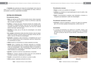 feam - FUNDAÇÃO ESTADUAL DO MEIO AMBIENTE
ORIENTAÇÕES BÁSICAS PARA OPERAÇÃO DE USINA DE TRIAGEM E COMPOSTAGEM DE LIXO 25
feam - FUNDAÇÃO ESTADUAL DO MEIO AMBIENTE
ORIENTAÇÕES BÁSICAS PARA OPERAÇÃO DE USINA DE TRIAGEM E COMPOSTAGEM DE LIXO24
Procedimentos mensais:
• limpar os ralos e as canaletas de drenagem;
• verificar as condições de impermeabilização do piso do pátio e das
juntas de dilatação;
• testar o funcionamento e substituir, caso necessário, a torneira e a
mangueira que abastecem o pátio de compostagem.
Procedimento semestral ou anual:
• promover a poda da vegetação no entorno do pátio de composta-
gem a fim de evitar qualquer sombreamento, verificar item 5.9.
Curiosidades
• o município de Guiricema, em vistoria de 17-8-2005, mostrou uma
cobertura feita com aros de plástico e lona plástica, com a finalidade
de cobrir as leiras em dias de chuvas intensas, intermitentes ou con-
tínuas.
Adequado Adequado
O tamanho das partículas da massa de compostagem deve situar-se
entre 1 e 5cm. O tamanho favorece a homogeneidade da massa, melhora a
porosidade e aumenta a capacidade de aeração.
ROTINA DE OPERAÇÃO
Procedimentos diários:
• fazer uso rigoroso de EPIs. Os funcionários devem utilizar respirador
individual, luvas, botas e aventais, e trocar os uniformes a cada dois
dias, ou antes, se necessário;
• verificar a umidade das leiras. Havendo excesso de umidade, adici-
onar palha ou materiais fibrosos, cobri-las com uma camada fina de
composto maturado e, em período chuvoso, com lona. Se o material
estiver muito seco, adicionar água;
• identificar as leiras, até os 120 dias de compostagem, com placas
numeradas;
• ler e anotar a temperatura diária das leiras durante a fase de degra-
dação ativa, 90 dias, e durante a fase de maturação, 30 dias, até com-
pletar o ciclo de 120 dias de compostagem;
• promover a aeração a cada reviramento, na freqüência de 3 em 3
dias. Se o material estiver muito compactado, adicionar material fibro-
so, aumentando os vazios;
• retirar durante os reviramentos os inertes presentes nas leiras;
• atentar para a presença dos nutrientes essenciais ao processo.
Quanto mais diversificados forem os resíduos orgânicos que compõem
a leira de compostagem, mais diversificados serão os nutrientes e,
conseqüentemente, a população microbiológica, resultando em uma
melhor eficiência na compostagem;
• garantir o tamanho de até 5cm das partículas a compostar;
• eliminar as moscas, cobrindo as leiras novas com uma camada de
composto maturado e dedetizando as canaletas;
• impedir o armazenamento de resíduos e sucatas no pátio;
• retirar qualquer vegetação produzida nas leiras.
 