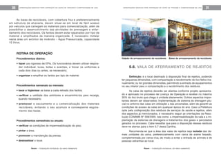 feam - FUNDAÇÃO ESTADUAL DO MEIO AMBIENTE
ORIENTAÇÕES BÁSICAS PARA OPERAÇÃO DE USINA DE TRIAGEM E COMPOSTAGEM DE LIXO 31
feam - FUNDAÇÃO ESTADUAL DO MEIO AMBIENTE
ORIENTAÇÕES BÁSICAS PARA OPERAÇÃO DE USINA DE TRIAGEM E COMPOSTAGEM DE LIXO30
5.6. VALA DE ATERRAMENTO DE REJEITOS
Definição: é o local destinado à disposição final de rejeitos, podendo
ter pequenas dimensões, com compactação e recobrimento do lixo feitos ma-
nualmente; ou ter grandes dimensões, permitindo a entrada de equipamentos
no seu interior para a compactação e o recobrimento dos resíduos.
As valas de rejeitos deverão ser abertas conforme projeto apresenta-
do e aprovado no processo de Licença de Operação e receber no máximo
30% do lixo bruto que chega à unidade diariamente. Outros aspectos impor-
tantes devem ser observados: implementação de sistema de drenagem plu-
vial no entorno das valas em utilização e das encerradas, além de garantir as
condições de acesso às valas em qualquer época do ano. Caso a Prefeitura
opte pela codisposição dos resíduos de serviços de saúde e rejeitos, além
dos aspectos já mencionados, é necessário seguir as orientações da Reso-
lução CONAMA Nº 358/2005, tais como: a impermeabilização da vala e a im-
plantação de sistemas de drenagens e tratamentos dos gases e percolados
gerados no processo. Cabe ressaltar que para a disposição desses resíduos
deve-se atentar para o item 5.7 desta Cartilha.
Recomenda-se que a área das valas de rejeitos seja isolada das de-
mais unidades da usina, preferencialmente com cerca de arame farpado,
complementada por cerca-viva, de modo a evitar a entrada de animais e de
pessoas estranhas ao local.
Galpão de armazenamento de recicláveis Baias de armazenamento de recicláveis
As baias de recicláveis, com cobertura fixa e preferencialmente
em estrutura de alvenaria, devem situar-se em local de fácil acesso
por veículos que carregam os materiais para comercialização, além de
possibilitar o desenvolvimento das atividades de prensagem e enfar-
damento dos recicláveis. Os fardos devem estar separados por tipo de
material e empilhados de maneira organizada. É necessário instalar
nesta área um extintor de incêndio - Água Pressurizada, capacidade
10 litros.
ROTINA DE OPERAÇÃO
Procedimentos diários:
• fazer uso rigoroso de EPIs. Os funcionários devem utilizar respira-
dor individual, luvas, botas e aventais, e trocar os uniformes a
cada dois dias ou antes, se necessário;
• organizar e empilhar os fardos por tipo de material.
Procedimentos semanais ou mensais:
• lavar e higienizar as baias a cada retirada dos fardos;
• verificar a validade dos extintores e encaminhá-los para recarga,
quando necessário;
• promover o escoamento e a comercialização dos materiais
recicláveis, evitando o seu acúmulo e conseqüente esgota-
mento das baias.
Procedimentos semestrais ou anuais:
• verificar as condições de impermeabilização do piso;
• pintar a área;
• promover a manutenção da prensa;
• desinsetizar o local.
 