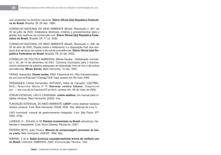 feam - FUNDAÇÃO ESTADUAL DO MEIO AMBIENTE
ORIENTAÇÕES BÁSICAS PARA OPERAÇÃO DE USINA DE TRIAGEM E COMPOSTAGEM DE LIXO50
veis existentes no território nacional. Diário Oficial [da] República Federati-
va do Brasil. Brasília, DF, 02 dez. 1999.
CONSELHO NACIONAL DO MEIO AMBIENTE (Brasil). Resolução n. 307, de
05 de julho de 2002. Estabelece diretrizes, critérios e procedimentos para a
gestão dos resíduos da construção civil. Diário Oficial [da] República Fede-
rativa do Brasil. Brasília, DF, 17 jul. 2002.
CONSELHO NACIONAL DO MEIO AMBIENTE (Brasil). Resolução n. 358, de
29 de abril de 2005. Dispõe sobre o tratamento e a disposição final dos resí-
duos dos serviços de saúde e dá outras providências. Diário Oficial [da] Re-
pública Federativa do Brasil. Brasília, DF, 04 abr. 2005.
CONSELHO DE POLÍTICA AMBIENTAL (Minas Gerais). Deliberação normati-
va n. 52, de 14 de dezembro de 2001. Convoca municípios para o licencia-
mento ambiental de sistema adequado de disposição final de lixo e dá outras
providências. Minas Gerais, Belo Horizonte, 15 dez. 2001.
FARIAS, Alexandra. Doses certas. 2005. Disponível em: http://revistavivasau-
de.uol.com.br/Edicoes/12/artigo7226-1asp acesso em 09 maio 2005
FERNANDES, Côrtes Fernandes; AFFONSO, Kátia de Carvalho; CASTIÑEI-
RAS, Terezinha Marta P. P. Vacinas contra tétano. Disponível
em: < ww.cva.ufrj.br/vacinas/dT-pr.html> acesso em: 09 de maio de 2005.
FÓRUM ESTADUAL LIXO E CIDADANIA. coleta seletiva: um manual para ci-
dades mineiras. Belo Horizonte: [2002]. 24p.
FUNDAÇÃO ESTADUAL DO MEIO AMBIENTE. LIXO?: como destinar resíduos
sólidos urbanos. 3.ed. Belo Horizonte: FEAM, 2002. 45p. (Manual do Lixo,1).
LIXO municipal: manual de gerenciamento integrado. 2.ed. São Paulo: IPT,
2000. 370p.
LORENZI, H. ; SOUZA, H. M. Plantas ornamentais no Brasil: arbustivas, her-
báceas e trepadeiras. 3.ed. Nova Odessa: Plantarum, 2001.
PEREIRA NETO, João Tinoco. Manual de compostagem processo de bai-
xo custo. Belo Horizonte: UNICEF, 1996. 56p.
RIBASKI, J. et al. Sabiá (mimosa caesalpiniaefolia) árvore de múltiplo uso
no Brasil. Colombo: EMBRAPA, 2003. (Comunicado Técnico, 104).
 