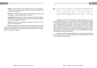 feam - FUNDAÇÃO ESTADUAL DO MEIO AMBIENTE
ORIENTAÇÕES BÁSICAS PARA OPERAÇÃO DE USINA DE TRIAGEM E COMPOSTAGEM DE LIXO 15
feam - FUNDAÇÃO ESTADUAL DO MEIO AMBIENTE
ORIENTAÇÕES BÁSICAS PARA OPERAÇÃO DE USINA DE TRIAGEM E COMPOSTAGEM DE LIXO14
• fazer uso rigoroso de EPIs. Os funcionários devem usar respirador in-
dividual, luvas, botas e aventais e trocar os uniformes a cada 2 dias,
ou antes, se necessário;
• receber o material da coleta seletiva na recepção da usina para uma
pré-triagem, conforme determinado no item 5.1;
• encaminhar logo após a pré-triagem, os resíduos secos da coleta se-
letiva para as baias específicas, e os resíduos molhados para triagem,
conforme a orientação no item 5.2;
• pesar e anotar após a separação dos resíduos, os secos e os úmi-
dos, para monitoramento.
Sem tais procedimentos, a qualidade dos materiais orgânicos e inorgâ-
nicos ficará comprometida em relação ao preço de mercado, apesar de de-
mandar um tempo maior, e os funcionários ficarem expostos a riscos de aci-
dentes e doenças do trabalho.
Normalmente as usinas implantadas em áreas apropriadas e licencia-
das pela FEAM compõem-se de um conjunto de estruturas físicas edificadas
como galpão de recepção e triagem de lixo, pátio de compostagem, galpão
para armazenamento de recicláveis, unidades de apoio (escritório, almoxari-
fado, instalações sanitárias/vestiários, copa/cozinha, etc). Outras unidades
também fazem parte da usina, como valas de aterramento de rejeitos e de re-
síduos de saúde, unidades para tratamento dos efluentes gerados, tanto na
operação como na higienização, que podem ser nas modalidades de fossa/fil-
tro/sumidouro ou lagoa de tratamento.
Todas essas estruturas são implantadas em área cercada, identificada,
com paisagismo nas proximidades das estruturas edificadas, além de cerca
viva no entorno da cerca-divisa.
4. ESTRUTURAS COMPONENTES
D A U S I N A D E T R I A G E M E
COMPOSTAGEM DE LIXO - UTCL
 