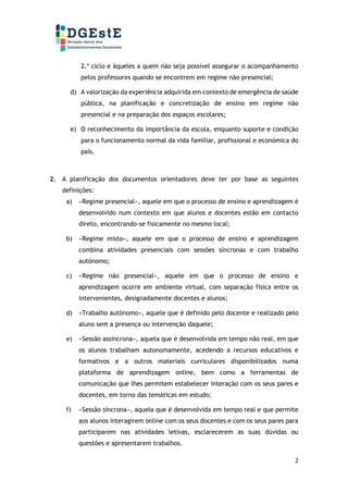 2
2.º ciclo e àqueles a quem não seja possível assegurar o acompanhamento
pelos professores quando se encontrem em regime não presencial;
d) A valorização da experiência adquirida em contexto de emergência de saúde
pública, na planificação e concretização de ensino em regime não
presencial e na preparação dos espaços escolares;
e) O reconhecimento da importância da escola, enquanto suporte e condição
para o funcionamento normal da vida familiar, profissional e económica do
país.
2. A planificação dos documentos orientadores deve ter por base as seguintes
definições:
a) «Regime presencial», aquele em que o processo de ensino e aprendizagem é
desenvolvido num contexto em que alunos e docentes estão em contacto
direto, encontrando-se fisicamente no mesmo local;
b) «Regime misto», aquele em que o processo de ensino e aprendizagem
combina atividades presenciais com sessões síncronas e com trabalho
autónomo;
c) «Regime não presencial», aquele em que o processo de ensino e
aprendizagem ocorre em ambiente virtual, com separação física entre os
intervenientes, designadamente docentes e alunos;
d) «Trabalho autónomo», aquele que é definido pelo docente e realizado pelo
aluno sem a presença ou intervenção daquele;
e) «Sessão assíncrona», aquela que é desenvolvida em tempo não real, em que
os alunos trabalham autonomamente, acedendo a recursos educativos e
formativos e a outros materiais curriculares disponibilizados numa
plataforma de aprendizagem online, bem como a ferramentas de
comunicação que lhes permitem estabelecer interação com os seus pares e
docentes, em torno das temáticas em estudo;
f) «Sessão síncrona», aquela que é desenvolvida em tempo real e que permite
aos alunos interagirem online com os seus docentes e com os seus pares para
participarem nas atividades letivas, esclarecerem as suas dúvidas ou
questões e apresentarem trabalhos.
 