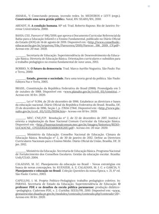 111
AMARAL, V. Conectando pessoas, tecendo redes. In: MEDEIROS e LEVY (orgs.).
Construindo uma nova gestão pública. Natal, RN: SEARH/RN, 2010.
ARENDT, H. A condição humana. 10ª ed. Trad. Roberto Raposo. Rio de Janeiro: Fo-
rense Universitária, 2000.
BAHIA. CEE. Parecer nº 196/2019, que aprova o Documento Curricular Referencial da
Bahia para a Educação Infantil e o Ensino Fundamental, publicado no Diário Oficial
do Estado (DOE) de 14 de agosto de 2019. Disponível em: <http:/
/www.conselhode-
educacao.ba.gov.br/arquivos/File/Pareceres/2019/Parecer_196_2019_CP.pdf>.
Acesso em: 20 mar. 2020.
______. Secretaria de Educação. Superintendência de Desenvolvimento da Educa-
ção Básica. Diretoria de Educação Básica. Orientações curriculares e subsídios para
o trabalho pedagógico no ensino fundamental de nove anos, 2013.
BOBBIO, N. O futuro da democracia. Trad. Marco Aurélio Nogueira. São Paulo: Paz
e Terra, 2000.
______. Estado, governo e sociedade. Para uma teoria geral da política. São Paulo:
Editora Paz e Terra, 2005.
BRASIL. Constituição da República Federativa do Brasil (1988). Promulgada em 5
de outubro de 1988. Disponível em: <www.planalto.gov.br/ccivil_03/constitui...>
Acesso em: 10 fev. 2020.
______. Lei nº 9.394, de 20 de dezembro de 1996. Estabelece as diretrizes e bases
da educação nacional. Diário Oficial da República Federativa do Brasil. Brasília, DF,
23 de dezembro de 1996, Seção I, p. 27834-27841. Disponível em: <http:/
/www.pla-
nalto.gov.br/ccvil_03/LEIS/l9394.htm>. Acesso em 10 fev. 2020.
______. MEC. CNE/CP. Resolução nº 2, de 22 de dezembro de 2017. Institui e
orienta a implantação da Base Nacional Comum Curricular da Educação Básica.
Disponível em: <http:/
/basenacionalcomum.mec.gov.br/images/historico/RESO-
LUCAOCNE_CP222DEDEZEMBRODE2017.pdf>. Acesso em: 20 mar. 2020.
______. Ministério da Educação. Conselho Nacional de Educação. Câmara de
Educação Básica. Resolução nº 2, de 30 de janeiro de 2012. Define as Diretrizes
Curriculares Nacionais para o Ensino Médio. Diário Oficial da União, Brasília, DF, 31
jan. 2012.
______. Ministério da Educação. Secretaria de Educação Básica. Programa Nacional
de Fortalecimento dos Conselhos Escolares. Gestão da educação escolar. Brasília:
UnB/CEAD, 2004.
CALAZANS, M. J.C. Planejamento da educação no Brasil - Novas estratégias em
busca de novas concepções. In: KUENZER, A. Z, CALAZANS, M. J. C. e GARCIA, V.
Planejamento e educação no Brasil. Coleção Questões da nossa Época, v. 21, 6ª ed.
São Paulo: Cortez, 2003.
CAPELLINI, I. M. Projeto Político-Pedagógico: trabalho pedagógico coletivo. In:
PARANÁ. Secretaria de Estado da Educação. Superintendência de Educação. O
professor PDE e os desafios da escola pública paranaense: produção didático-
-pedagógica. Cadernos PDE, v. 2. Curitiba: SEED/PR, 2010. Disponível em: <www.
gestaoescolar.diaadia.pr.gov.br/modules/conteudo/conteudo.php?conteudo=20>.
Acesso em: 18 fev. 2020.
 