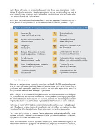 71
Outro fator relevante é o aprendizado decorrente dessa ação intencional e siste-
mática de planejar, executar e avaliar, em um movimento que retroalimenta toda a
ação e aperfeiçoa o processo, materializando o movimento de ação-reflexão-ação,
com o envolvimento de vários atores.
No tocante à aprendizagem institucional decorrente do processo de monitoramento e
avaliação, ressalta-se promissores avanços e conquistas, conforme demonstra a figura 7.
Fonte: Elaboração própria.
Figura 7 – Possibilidades de conquistas decorrentes do processo de monitoramento e avaliação do PPP
Aumento da
capacidade institucional.
Aprimoramento na definição
de indicadores.
Integração
das equipes.
Tomada de decisões de forma
coletiva, a partir de evidências.
Fortalecimento
da autonomia da escola.
Soma de esforços para a obtenção
dos resultados pretendidos.
Compartilhamento
das decisões.
Descentralização
do poder.
Fortalecimento das
ações colegiadas.
Integração e simplificação
dos processos.
Aprimoramento dos atos e
processos institucionais.
Fortalecimento de mecanismo de
diálogo com a comunidade escolar.
Transparência na
prestação de contas.
Desenvolvimento da
capacidade da equipe.
1 8
2 9
3 10
4 11
5 12
6 13
7 14
Salienta-se, portanto, que o monitoramento e a avaliação do PPP precisam integrar
as ações sistemáticas e contínuas da escola, uma vez que a obtenção dos melhores
resultados pode demandar medidas corretivas, estruturadas a partir das soluções
dos problemas identificados ao longo do processo.
Nessa direção, as avaliações do PPP possibilitam o compartilhamento das conquis-
tas, dos desafios e dos aportes necessários, sendo, portanto, um espaço privilegia-
do, no qual todos os atores devem ser ouvidos, as questões basilares precisam ser
respondidas e as lições, aprendidas, registradas e incorporadas às novas práticas.
Na busca de maior efetividade nesse monitoramento contínuo, nas avaliações par-
ciais e final deve-se assegurar estrutura básica para o melhor aproveitamento das
contribuições, além da valorização dos relatos e das trocas de experiências.
Para tanto, cabe assegurar espaços físicos adequados, calendário definido, estra-
tégia de avaliação e monitoramento consolidada, questionários claros e objetivos,
equipes mobilizadas e outros recursos.
Nesse monitoramento, avalia-se o que está dando certo, o que necessita adequação ou
embasamento teórico, o que pode ser reformulado, ampliado ou finalizado. Avalia-se,
 