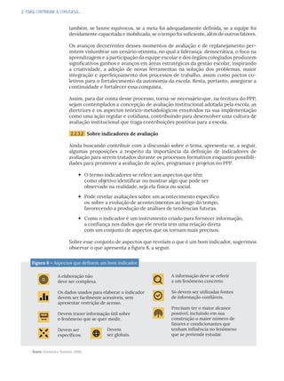 2. PARA CONTINUAR A CONVERSA...
também, se houve equívocos, se a meta foi adequadamente definida, se a equipe foi
devidamente capacitada e mobilizada, se o tempo foi suficiente, além de outros fatores.
Os avanços decorrentes desses momentos de avaliação e de replanejamento per-
mitem vislumbrar um cenário otimista, no qual a liderança democrática, o foco na
aprendizagem e a participação da equipe escolar e dos órgãos colegiados produzem
significativos ganhos e avanços em áreas estratégicas da gestão escolar, inspirando
a criatividade, a adoção de novas ferramentas na solução dos problemas, maior
integração e aperfeiçoamento dos processos de trabalho, assim como pactos co-
letivos para o fortalecimento da autonomia da escola. Resta, portanto, assegurar a
continuidade e fortalecer essa conquista.
Assim, para dar conta desse processo, torna-se necessário que, na tecitura do PPP,
sejam contemplados a concepção de avaliação institucional adotada pela escola, as
diretrizes e os aspectos teórico-metodológicos envolvidos na sua implementação
como uma ação regular e cotidiana, contribuindo para desenvolver uma cultura de
avaliação institucional que traga contribuições positivas para a escola.
2.2.3.2 Sobre indicadores de avaliação
Ainda buscando contribuir com a discussão sobre o tema, apresenta-se, a seguir,
algumas proposições a respeito da importância da definição de indicadores de
avaliação para serem tratados durante os processos formativos enquanto possibili-
dades para promover a avaliação de ações, programas e projetos no PPP.
 O termo indicadores se refere aos aspectos que têm
como objetivo identificar ou mostrar algo que pode ser
observado na realidade, seja ela física ou social.
 Pode revelar avaliações sobre um acontecimento específico
ou sobre a evolução de acontecimentos ao longo do tempo,
favorecendo a produção de análises de tendências futuras.
 Como o indicador é um instrumento criado para fornecer informação,
a confiança nos dados que ele revela tem uma relação direta
com um conjunto de aspectos que os tornam mais precisos.
Sobre esse conjunto de aspectos que revelam o que é um bom indicador, sugerimos
observar o que apresenta a figura 8, a seguir.
Fonte: Ferreira e Tenório, 2010.
Figura 8 – Aspectos que definem um bom indicador
A elaboração não
deve ser complexa.
Os dados usados para elaborar o indicador
devem ser facilmente acessíveis, sem
apresentar restrição de acesso.
Devem trazer informação útil sobre
o fenômeno que se quer medir.
Devem ser
específicos.
A informação deve se referir
a um fenômeno concreto.
Só devem ser utilizadas fontes
de informação confiáveis.
Precisam ter o maior alcance
possível, incluindo em sua
construção o maior número de
fatores e condicionantes que
tenham influência no fenômeno
que se pretende estudar.
Devem
ser globais.
 