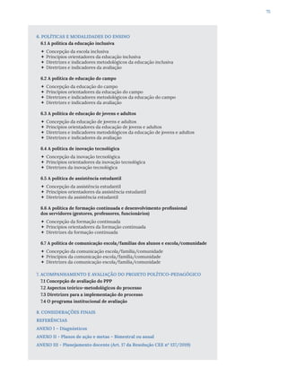 75
6. POLÍTICAS E MODALIDADES DO ENSINO
6.1 A política da educação inclusiva
 Concepção da escola inclusiva
 Princípios orientadores da educação inclusiva
 Diretrizes e indicadores metodológicos da educação inclusiva
 Diretrizes e indicadores da avaliação
6.2 A política de educação do campo
 Concepção da educação do campo
 Princípios orientadores da educação do campo
 Diretrizes e indicadores metodológicos da educação do campo
 Diretrizes e indicadores da avaliação
6.3 A política de educação de jovens e adultos
 Concepção da educação de jovens e adultos
 Princípios orientadores da educação de jovens e adultos
 Diretrizes e indicadores metodológicos da educação de jovens e adultos
 Diretrizes e indicadores da avaliação
6.4 A política de inovação tecnológica
 Concepção da inovação tecnológica
 Princípios orientadores da inovação tecnológica
 Diretrizes da inovação tecnológica
6.5 A política de assistência estudantil
 Concepção da assistência estudantil
 Princípios orientadores da assistência estudantil
 Diretrizes da assistência estudantil
6.6 A política de formação continuada e desenvolvimento profissional
dos servidores (gestores, professores, funcionários)
 Concepção da formação continuada
 Princípios orientadores da formação continuada
 Diretrizes da formação continuada
6.7 A política de comunicação escola/famílias dos alunos e escola/comunidade
 Concepção da comunicação escola/família/comunidade
 Princípios da comunicação escola/família/comunidade
 Diretrizes da comunicação escola/família/comunidade
7. ACOMPANHAMENTO E AVALIAÇÃO DO PROJETO POLÍTICO-PEDAGÓGICO
7.1 Concepção de avaliação do PPP
7.2 Aspectos teórico-metodológicos do processo
7.3 Diretrizes para a implementação do processo
7.4 O programa institucional de avaliação
8. CONSIDERAÇÕES FINAIS
REFERÊNCIAS
ANEXO I – Diagnósticos
ANEXO II - Planos de ação e metas – Bimestral ou anual
ANEXO III - Planejamento docente (Art. 17 da Resolução CEE nº 137/2019)
 