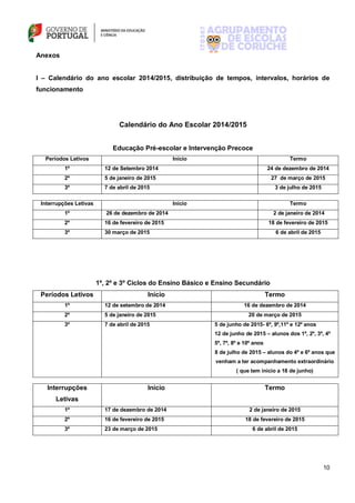10
Anexos
I – Calendário do ano escolar 2014/2015, distribuição de tempos, intervalos, horários de
funcionamento
Calendário do Ano Escolar 2014/2015
Educação Pré-escolar e Intervenção Precoce
Períodos Letivos Início Termo
1º 12 de Setembro 2014 24 de dezembro de 2014
2º 5 de janeiro de 2015 27 de março de 2015
3º 7 de abril de 2015 3 de julho de 2015
Interrupções Letivas Início Termo
1º 26 de dezembro de 2014 2 de janeiro de 2014
2º 16 de fevereiro de 2015 18 de fevereiro de 2015
3º 30 março de 2015 6 de abril de 2015
1º, 2º e 3º Ciclos do Ensino Básico e Ensino Secundário
Períodos Letivos Início Termo
1º 12 de setembro de 2014 16 de dezembro de 2014
2º 5 de janeiro de 2015 20 de março de 2015
3º 7 de abril de 2015 5 de junho de 2015- 6º, 9º,11º e 12º anos
12 de junho de 2015 – alunos dos 1º, 2º, 3º, 4º
5º, 7º, 8º e 10º anos
8 de julho de 2015 – alunos do 4º e 6º anos que
venham a ter acompanhamento extraordinário
( que tem inicio a 18 de junho)
Interrupções
Letivas
Início Termo
1º 17 de dezembro de 2014 2 de janeiro de 2015
2º 16 de fevereiro de 2015 18 de fevereiro de 2015
3º 23 de março de 2015 6 de abril de 2015
 