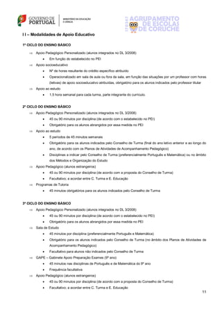 11
I I – Modalidades de Apoio Educativo
1º CICLO DO ENSINO BÁSICO
 Apoio Pedagógico Personalizado (alunos integrados no DL 3/2008)
 Em função do estabelecido no PEI
 Apoio socioeducativo
 Nº de horas resultante do crédito específico atribuído
 Operacionalizado em sala de aula ou fora da sala, em função das situações por um professor com horas
(letivas) de apoio socioeducativo atribuídas, obrigatório para os alunos indicados pelo professor titular
 Apoio ao estudo
 1,5 hora semanal para cada turma, parte integrante do currículo.
2º CICLO DO ENSINO BÁSICO
 Apoio Pedagógico Personalizado (alunos integrados no DL 3/2008)
 45 ou 90 minutos por disciplina (de acordo com o estabelecido no PEI)
 Obrigatório para os alunos abrangidos por essa medida no PEI
 Apoio ao estudo
 5 períodos de 45 minutos semanais
 Obrigatório para os alunos indicados pelo Conselho de Turma (final do ano letivo anterior e ao longo do
ano, de acordo com os Planos de Atividades de Acompanhamento Pedagógico)
 Disciplinas a indicar pelo Conselho de Turma (preferencialmente Português e Matemática) ou no âmbito
dos Métodos e Organização do Estudo
 Apoio Pedagógico (alunos estrangeiros)
 45 ou 90 minutos por disciplina (de acordo com a proposta do Conselho de Turma)
 Facultativo; a acordar entre C. Turma e E. Educação
 Programas de Tutoria
 45 minutos obrigatórios para os alunos indicados pelo Conselho de Turma
3º CICLO DO ENSINO BÁSICO
 Apoio Pedagógico Personalizado (alunos integrados no DL 3/2008)
 45 ou 90 minutos por disciplina (de acordo com o estabelecido no PEI)
 Obrigatório para os alunos abrangidos por essa medida no PEI
 Sala de Estudo
 45 minutos por disciplina (preferencialmente Português e Matemática)
 Obrigatório para os alunos indicados pelo Conselho de Turma (no âmbito dos Planos de Atividades de
Acompanhamento Pedagógico)
 Facultativo para alunos não indicados pelo Conselho de Turma
 GAPE – Gabinete Apoio Preparação Exames (9º ano)
 45 minutos nas disciplinas de Português e de Matemática do 9º ano
 Frequência facultativa
 Apoio Pedagógico (alunos estrangeiros)
 45 ou 90 minutos por disciplina (de acordo com a proposta do Conselho de Turma)
 Facultativo; a acordar entre C. Turma e E. Educação
 