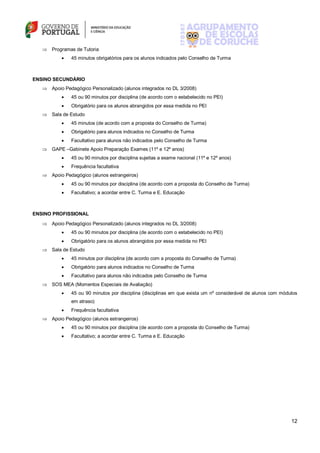 12
 Programas de Tutoria
 45 minutos obrigatórios para os alunos indicados pelo Conselho de Turma
ENSINO SECUNDÁRIO
 Apoio Pedagógico Personalizado (alunos integrados no DL 3/2008)
 45 ou 90 minutos por disciplina (de acordo com o estabelecido no PEI)
 Obrigatório para os alunos abrangidos por essa medida no PEI
 Sala de Estudo
 45 minutos (de acordo com a proposta do Conselho de Turma)
 Obrigatório para alunos indicados no Conselho de Turma
 Facultativo para alunos não indicados pelo Conselho de Turma
 GAPE –Gabinete Apoio Preparação Exames (11º e 12º anos)
 45 ou 90 minutos por disciplina sujeitas a exame nacional (11º e 12º anos)
 Frequência facultativa
 Apoio Pedagógico (alunos estrangeiros)
 45 ou 90 minutos por disciplina (de acordo com a proposta do Conselho de Turma)
 Facultativo; a acordar entre C. Turma e E. Educação
ENSINO PROFISSIONAL
 Apoio Pedagógico Personalizado (alunos integrados no DL 3/2008)
 45 ou 90 minutos por disciplina (de acordo com o estabelecido no PEI)
 Obrigatório para os alunos abrangidos por essa medida no PEI
 Sala de Estudo
 45 minutos por disciplina (de acordo com a proposta do Conselho de Turma)
 Obrigatório para alunos indicados no Conselho de Turma
 Facultativo para alunos não indicados pelo Conselho de Turma
 SOS MEA (Momentos Especiais de Avaliação)
 45 ou 90 minutos por disciplina (disciplinas em que exista um nº considerável de alunos com módulos
em atraso)
 Frequência facultativa
 Apoio Pedagógico (alunos estrangeiros)
 45 ou 90 minutos por disciplina (de acordo com a proposta do Conselho de Turma)
 Facultativo; a acordar entre C. Turma e E. Educação
 
