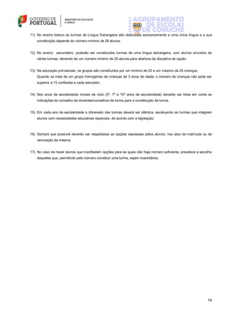 14
11) No ensino básico as turmas de Língua Estrangeira são dedicadas exclusivamente a uma única língua e a sua
constituição depende do número mínimo de 26 alunos.
12) No ensino secundário, poderão ser constituídas turmas de uma língua estrangeira, com alunos oriundos de
várias turmas, devendo ter um número mínimo de 20 alunos para abertura da disciplina de opção.
13) Na educação pré-escolar, os grupos são constituídos por um mínimo de 20 e um máximo de 25 crianças.
Quando se trate de um grupo homogéneo de crianças de 3 anos de idade, o número de crianças não pode ser
superior a 15 confiadas a cada educador.
14) Nos anos de escolaridade iniciais de ciclo (5º, 7º e 10º anos de escolaridade) deverão ser tidas em conta as
indicações do conselho de docentes/conselhos de turma para a constituição de turma.
15) Em cada ano de escolaridade a dimensão das turmas deverá ser idêntica, excetuando as turmas que integrem
alunos com necessidades educativas especiais, de acordo com a legislação.
16) Sempre que possível deverão ser respeitadas as opções expressas pelos alunos, nos atos de matrícula ou de
renovação da mesma.
17) No caso de haver alunos que manifestem opções para as quais não haja número suficiente, prevalece a escolha
daqueles que, permitindo pelo número constituir uma turma, sejam maioritários.
 
