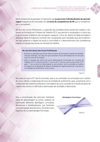 Currículo e aprendizagem
 
21
ORIENTAÇÕES PARA A RECUPERAÇÃO
E CONSOLIDAÇÃO DAS APRENDIZAGENS
AO LONGO DO ANO LETIVO DE 2020/2021
índice
Neste contexto de recuperação, é importante que os percursos individualizados de aprendi-
zagem integrem as AE articuladas com as áreas de competências do PA que as complemen-
tam e enriquecem.
No caso dos Cursos Profissionais, a suspensão das atividades letivas presenciais impediu a rea-
lização da Formação em Contexto de Trabalho (FCT), que permite a socialização e o treino que
a escola / ensino a distância não conseguem assegurar. Como tal, deverá ser dada prioridade à
realização desta formação em contexto real, recuperando assim atividades que são fundamen-
tais para potenciar a ligação da escola à comunidade e o desenvolvimento das competências
exigíveis à inserção dos alunos no mercado de trabalho.
Figura 5
Nos casos em que a FCT não foi concluída, deve o seu orientador, em articulação com o diretor
de curso, solicitar a colaboração do tutor da entidade de acolhimento, para, juntamente com a
colaboração dos restantes professores e formadores do curso, proceder-se à revisão do plano de
trabalho dos alunos e à definição e planificação das atividades a desenvolver.
Para a concretização dos percursos individuali-
zados de aprendizagem ou outros, poderão ser
convocadas diferentes abordagens curriculares,
disciplinares e interdisciplinares, que fomentem
uma participação ativa do aluno, tornando-o pro-
tagonista da sua aprendizagem / formação.
Figura 6
No caso dos alunos dos Cursos Profissionais:
•	 Revisitar as alterações que foram feitas ao plano de formação inicialmente estabele-
cido (por exemplo, nos casos em que ocorreram trocas de módulos de um ano para
outro do ciclo de formação);
•	 Aferir a situação dos alunos da turma relativamente à Formação em Contexto de
Trabalho (FCT): se são turmas do 2.º ano ou do 3.º ano do curso; se vão iniciar a FCT
pela 1.ª vez ou esta foi interrompida no ano anterior; se foi concluída em prática
simulada e há necessidade de reforçar atividades em regime presencial, na escola ou
na entidade de acolhimento, entre outras.
Percu
rso
s
in
d
ivid
u
alizad
o
s
d
e
ap
ren
d
izag
em
DISCIPLINAR
INTERDISCIPLINAR
Abordagens Curriculares
 