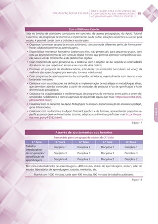 Organização da escola
 
38
ORIENTAÇÕES PARA A RECUPERAÇÃO
E CONSOLIDAÇÃO DAS APRENDIZAGENS
AO LONGO DO ANO LETIVO DE 2020/2021
índice
Com a Biblioteca Escolar
Seja no âmbito de atividades curriculares em concreto, de apoios pedagógicos, do Apoio Tutorial
Específico, de programas de mentoria a implementar ou de outras soluções existentes ou a criar pela
escola, é possível contar com a biblioteca escolar para:
•	Organizar / promover grupos de estudo autónomo, com alunos de diferentes perfis, de forma a me-
lhorar colaborativamente as aprendizagens;
•	Disponibilizar momentos formativos (presenciais e / ou não presenciais) para pequenos grupos, com
vista ao desenvolvimento de um currículo digital mínimo que permita promover competências bási-
cas para o uso de ferramentas e de plataformas digitais;
•	Criar momentos de apoio presencial ou a distância, com o objetivo de dar resposta às necessidades
dos alunos no que respeita ao acesso a recursos de vária ordem;
•	Promover um programa de atividades lúdicas, articuladas com conteúdos curriculares, ao serviço da
melhoria das aprendizagens (por exemplo, torneios interturmas);
•	Criar programas de aperfeiçoamento das competências leitoras, eventualmente com recurso a vo-
luntariado interpares;
•	Colaborar com os professores na definição e implementação de estratégias e metodologias ativas,
que permitam abordar conteúdos a partir de atividades de pesquisa e / ou de gamificação e fazer
diferenciação pedagógica;
•	Colaborar na criação / gestão e implementação de programas de mentorias entre pares a serem de-
senvolvidos na biblioteca e com a supervisão de alguém da equipa (ver mais: https://www.rbe.mec.
pt/np4/2592.html);
•	Colaborar com os docentes do Apoio Pedagógico na criação / disponibilização de atividades pedagó-
gicas diferenciadas;
•	Colaborar com os docentes do Apoio Tutorial Específico e de Tutorias, apresentando propostas es-
pecíficas para o desenvolvimento das tutorias, adaptadas a diferentes perfis (ver mais https://www.
rbe.mec.pt/np4/2592.html).
Figura 17
Através de ajustamentos aos horários
Semanário para um grupo de alunos do 3.º ciclo
2.ª feira 3.ª feira 4.ª feira 5.ª feira 6.ª feira
Trabalho
interdisciplinar
de recuperação / 
consolidação de
aprendizagens
Disciplina 1 Disciplina 2 Disciplina 1 Disciplina 1
Disciplina 3 Disciplina 5 Disciplina 3 Disciplina 3
Disciplina 4 Disciplina 3 Disciplina 2 Disciplina 2
Percursos individualizados de aprendizagem – 400 minutos: clubes de aprendizagens, ateliers, salas de
estudo, laboratórios de aprendizagem, tutorias, mentorias, etc.
Manhã com 1000 minutos, tarde com 400 minutos,100 minutos de trabalho autónomo.
Figura 18
 