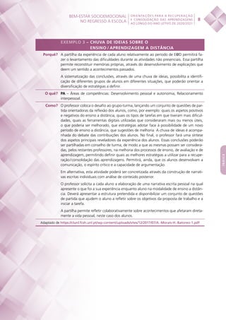 BEM-ESTAR SOCIOEMOCIONAL
NO REGRESSO À ESCOLA
 
8
ORIENTAÇÕES PARA A RECUPERAÇÃO
E CONSOLIDAÇÃO DAS APRENDIZAGENS
AO LONGO DO ANO LETIVO DE 2020/2021
índice
EXEMPLO 3 – CHUVA DE IDEIAS SOBRE O
ENSINO / APRENDIZAGEM A DISTÂNCIA
Porquê? A partilha da experiência de cada aluno relativamente ao período de E@D permitirá fa-
zer o levantamento das dificuldades durante as atividades não presenciais. Essa partilha
permite reconstituir memórias próprias, através do desenvolvimento de explicações que
deem um sentido a acontecimentos passados.
A sistematização das conclusões, através de uma chuva de ideias, possibilita a identifi-
cação de diferentes grupos de alunos em diferentes situações, que poderão orientar a
diversificação de estratégias a definir.
O quê? PA – Áreas de competências: Desenvolvimento pessoal e autonomia, Relacionamento
interpessoal.
Como? O professor coloca o desafio ao grupo-turma, lançando um conjunto de questões de par-
tida orientadoras da reflexão dos alunos, como, por exemplo: quais os aspetos positivos
e negativos do ensino a distância, quais os tipos de tarefas em que tiveram mais dificul-
dades, quais as ferramentas digitais utilizadas que consideraram mais ou menos úteis,
o que poderia ser melhorado, que estratégias adotar face à possibilidade de um novo
período de ensino a distância, que sugestões de melhoria. A chuva de ideias é acompa-
nhada do debate das contribuições dos alunos. No final, o professor fará uma síntese
dos aspetos principais reveladores da experiência dos alunos. Essas conclusões poderão
ser partilhadas em conselho de turma, de modo a que as mesmas possam ser considera-
das, pelos restantes professores, na melhoria dos processos de ensino, de avaliação e de
aprendizagem, permitindo definir quais as melhores estratégias a utilizar para a recupe-
ração / consolidação das aprendizagens. Permitirá, ainda, que os alunos desenvolvam a
comunicação, o espírito crítico e a capacidade de argumentação.
Em alternativa, esta atividade poderá ser concretizada através da construção de narrati-
vas escritas individuais com análise de conteúdo posterior.
O professor solicita a cada aluno a elaboração de uma narrativa escrita pessoal na qual
apresente o que foi a sua experiência enquanto aluno na modalidade de ensino a distân-
cia. Deverá apresentar a estrutura pretendida e disponibilizar um conjunto de questões
de partida que ajudem o aluno a refletir sobre os objetivos da proposta de trabalho e a
iniciar a tarefa.
A partilha permite refletir colaborativamente sobre acontecimentos que afetaram direta-
mente a vida pessoal, neste caso dos alunos.
Adaptado de https://clunl.fcsh.unl.pt/wp-content/uploads/sites/12/2017/07/A.-Morais-H.-Batoreo-1.pdf
 