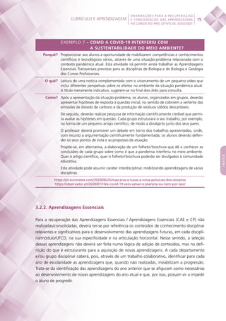 Currículo e aprendizagem
 
15
ORIENTAÇÕES PARA A RECUPERAÇÃO
E CONSOLIDAÇÃO DAS APRENDIZAGENS
AO LONGO DO ANO LETIVO DE 2020/2021
índice
EXEMPLO 7 – COMO A COVID-19 INTERFERIU COM
A SUSTENTABILIDADE DO MEIO AMBIENTE?
Porquê? Proporcionar aos alunos a oportunidade de mobilizarem competências e conhecimentos
científicos e tecnológicos vários, através de uma situação-problema relacionada com o
contexto pandémico atual. Esta atividade irá permitir ainda trabalhar as Aprendizagens
Essenciais Transversais previstas para as disciplinas de Biologia e de Biologia e Geologia
dos Cursos Profissionais.
O quê? Leitura de uma notícia complementada com o visionamento de um pequeno vídeo que
inclui diferentes perspetivas sobre os efeitos no ambiente da situação pandémica atual.
A título meramente indicativo, sugerem-se no final dois links para consulta.
Como? Após a apresentação da situação-problema, os alunos, organizados em grupos, deverão
apresentar hipóteses de resposta à questão inicial, no sentido de cobrirem a vertente das
emissões de dióxido de carbono e da produção de resíduos sólidos descartáveis.
De seguida, deverão realizar pesquisa de informação cientificamente credível que permi-
ta avaliar as hipóteses em questão. Cada grupo estruturará o seu trabalho, por exemplo,
na forma de um pequeno artigo científico, de modo a divulgá-lo junto dos seus pares.
O professor deverá promover um debate em torno dos trabalhos apresentados, onde,
com recurso a argumentação cientificamente fundamentada, os alunos deverão defen-
der os seus pontos de vista e as propostas de atuação.
Propõe-se, em alternativa, a elaboração de um folheto / brochura que dê a conhecer as
conclusões de cada grupo sobre como é que a pandemia interferiu no meio ambiente.
Quer o artigo científico, quer o folheto / brochura poderão ser divulgados à comunidade
educativa.
Esta atividade pode assumir caráter interdisciplinar, mobilizando aprendizagens de várias
disciplinas.
https://pt.euronews.com/2020/06/25/mascaras-e-luvas-a-nova-poluicao-dos-oceanos
https://observador.pt/2020/07/10/a-covid-19-veio-salvar-o-planeta-ou-nem-por-isso/
3.2.2. Aprendizagens Essenciais
Para a recuperação das Aprendizagens Essenciais / Aprendizagens Essenciais (CAE e CP) não
realizadas/consolidadas, deverá ter-se por referência os conteúdos de conhecimento disciplinar
relevantes e significativos para o desenvolvimento das aprendizagens futuras, em cada discipli-
na/módulo/UFCD, na sua especificidade e na articulação horizontal. Nesse sentido, a seleção
dessas aprendizagens não deverá ser feita numa lógica de adição de conteúdos, mas na defi-
nição do que é estruturante para a aquisição de novas aprendizagens. A cada departamento
e / ou grupo disciplinar caberá, pois, através de um trabalho colaborativo, identificar para cada
ano de escolaridade as aprendizagens que, quando não realizadas, inviabilizam a progressão.
Trata-se da identificação das aprendizagens do ano anterior que se afiguram como necessárias
ao desenvolvimento de novas aprendizagens do ano atual e que, por isso, possam vir a impedir
o aluno de progredir.
 