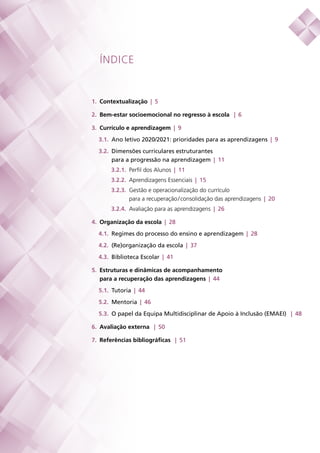 1.  Contextualização | 5
2.  Bem-estar socioemocional no regresso à escola  | 6
3.  Currículo e aprendizagem | 9
3.1.  Ano letivo 2020/2021: prioridades para as aprendizagens | 9
3.2.  Dimensões curriculares estruturantes
para a progressão na aprendizagem | 11
3.2.1.  Perfil dos Alunos | 11
3.2.2.  Aprendizagens Essenciais | 15
3.2.3.  Gestão e operacionalização do currículo
para a recuperação / consolidação das aprendizagens | 20
3.2.4.  Avaliação para as aprendizagens | 26
4.  Organização da escola | 28
4.1.  Regimes do processo do ensino e aprendizagem | 28
4.2.  (Re)organização da escola | 37
4.3.  Biblioteca Escolar | 41
5.  Estruturas e dinâmicas de acompanhamento
para a recuperação das aprendizagens | 44
5.1.  Tutoria | 44
5.2.  Mentoria | 46
5.3.  O papel da Equipa Multidisciplinar de Apoio à Inclusão (EMAEI)  | 48
6.  Avaliação externa  | 50
7.  Referências bibliográficas  | 51
ÍNDICE
 