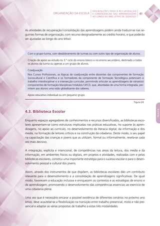 Organização da escola
 
41
ORIENTAÇÕES PARA A RECUPERAÇÃO
E CONSOLIDAÇÃO DAS APRENDIZAGENS
AO LONGO DO ANO LETIVO DE 2020/2021
índice
As atividades de recuperação / consolidação das aprendizagens podem ainda traduzir-se nas se-
guintes formas de organização, com recurso designadamente ao crédito horário, e que poderão
ser ajustadas ao longo do ano letivo:
Com o grupo-turma, com desdobramento de turmas ou com outro tipo de organização de alunos.
Criação de apoio ao estudo no 3.º ciclo do ensino básico e no ensino secundário, destinado a todos
os alunos da turma ou apenas a um grupo de alunos.
Coadjuvação
Nos Cursos Profissionais, as lógicas de coadjuvação entre docentes das componentes de formação
Sociocultural e Científica e os formadores da componente de formação Tecnológica potenciam o
trabalho interdisciplinar e a intersecção curricular, permitindo articular as aprendizagens de várias(os)
componentes de formação / disciplinas / módulos / UFCD, que, abordadas de uma forma integrada, per-
mitem aos alunos uma visão globalizante dos saberes.
Apoio educativo individual ou em pequeno grupo.
Figura 24
4.3. Biblioteca Escolar
Enquanto espaços agregadores de conhecimentos e recursos diversificados, as bibliotecas esco-
lares apresentam-se como estruturas implicadas nas práticas educativas, no suporte às apren-
dizagens, no apoio ao currículo, no desenvolvimento da literacia digital, da informação e dos
media, na formação de leitores críticos e na construção da cidadania. Deste modo, o seu papel
na capacitação das crianças e jovens que as utilizam, formal ou informalmente, revela-se cada
vez mais decisivo.
A integração, explícita e intencional, de competências nas áreas da leitura, dos media e da
informação, em ambientes físicos ou digitais, em projetos e atividades, realizadas com e pelas
bibliotecas escolares, constitui uma importante estratégia para o sucesso escolar e para o desen-
volvimento pessoal e cultural dos jovens.
Assim, através dos instrumentos de que dispõem, as bibliotecas escolares dão um contributo
relevante para o desenvolvimento e a consolidação de aprendizagens significativas. De igual
modo, favorecem a educação inclusiva e enriquecem os contextos e as estratégias de ensino e
de aprendizagem, promovendo o desenvolvimento das competências essenciais ao exercício de
uma cidadania plena.
Uma vez que é necessário encarar a possível existência de diferentes cenários no próximo ano
letivo, deve acautelar-se a flexibilização na transição entre trabalho presencial, misto e não pre-
sencial e adaptar as várias propostas de trabalho a estas três modalidades.
 