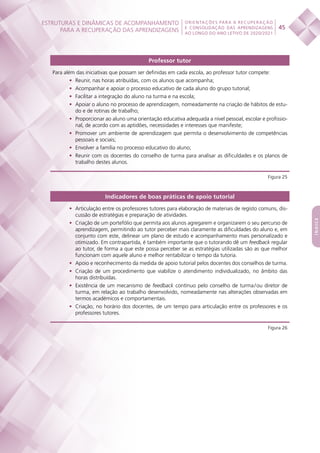 ESTRUTURAS E DINÂMICAS DE ACOMPANHAMENTO
PARA A RECUPERAÇÃO DAS APRENDIZAGENS 45
ORIENTAÇÕES PARA A RECUPERAÇÃO
E CONSOLIDAÇÃO DAS APRENDIZAGENS
AO LONGO DO ANO LETIVO DE 2020/2021
índice
Professor tutor
Para além das iniciativas que possam ser definidas em cada escola, ao professor tutor compete:
•	 Reunir, nas horas atribuídas, com os alunos que acompanha;
•	 Acompanhar e apoiar o processo educativo de cada aluno do grupo tutorial;
•	 Facilitar a integração do aluno na turma e na escola;
•	 Apoiar o aluno no processo de aprendizagem, nomeadamente na criação de hábitos de estu-
do e de rotinas de trabalho;
•	 Proporcionar ao aluno uma orientação educativa adequada a nível pessoal, escolar e profissio-
nal, de acordo com as aptidões, necessidades e interesses que manifeste;
•	 Promover um ambiente de aprendizagem que permita o desenvolvimento de competências
pessoais e sociais;
•	 Envolver a família no processo educativo do aluno;
•	 Reunir com os docentes do conselho de turma para analisar as dificuldades e os planos de
trabalho destes alunos.
Figura 25
Indicadores de boas práticas de apoio tutorial
•	 Articulação entre os professores tutores para elaboração de materiais de registo comuns, dis-
cussão de estratégias e preparação de atividades.
•	 Criação de um portefólio que permita aos alunos agregarem e organizarem o seu percurso de
aprendizagem, permitindo ao tutor perceber mais claramente as dificuldades do aluno e, em
conjunto com este, delinear um plano de estudo e acompanhamento mais personalizado e
otimizado. Em contrapartida, é também importante que o tutorando dê um feedback regular
ao tutor, de forma a que este possa perceber se as estratégias utilizadas são as que melhor
funcionam com aquele aluno e melhor rentabilizar o tempo da tutoria.
•	 Apoio e reconhecimento da medida de apoio tutorial pelos docentes dos conselhos de turma.
•	 Criação de um procedimento que viabilize o atendimento individualizado, no âmbito das
horas distribuídas.
•	 Existência de um mecanismo de feedback contínuo pelo conselho de turma / ou diretor de
turma, em relação ao trabalho desenvolvido, nomeadamente nas alterações observadas em
termos académicos e comportamentais.
•	 Criação, no horário dos docentes, de um tempo para articulação entre os professores e os
professores tutores.
Figura 26
 