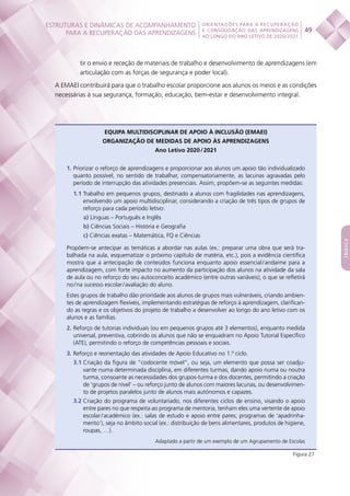 ESTRUTURAS E DINÂMICAS DE ACOMPANHAMENTO
PARA A RECUPERAÇÃO DAS APRENDIZAGENS 49
ORIENTAÇÕES PARA A RECUPERAÇÃO
E CONSOLIDAÇÃO DAS APRENDIZAGENS
AO LONGO DO ANO LETIVO DE 2020/2021
índice
tir o envio e receção de materiais de trabalho e desenvolvimento de aprendizagens (em
articulação com as forças de segurança e poder local).
A EMAEI contribuirá para que o trabalho escolar proporcione aos alunos os meios e as condições
necessárias à sua segurança, formação, educação, bem-estar e desenvolvimento integral.
EQUIPA MULTIDISCIPLINAR DE APOIO À INCLUSÃO (EMAEI)
ORGANIZAÇÃO DE MEDIDAS DE APOIO ÀS APRENDIZAGENS
Ano Letivo 2020 / 2021
1. Priorizar o reforço de aprendizagens e proporcionar aos alunos um apoio tão individualizado
quanto possível, no sentido de trabalhar, compensatoriamente, as lacunas agravadas pelo
período de interrupção das atividades presenciais. Assim, propõem-se as seguintes medidas:
1.1 Trabalho em pequenos grupos, destinado a alunos com fragilidades nas aprendizagens,
envolvendo um apoio multidisciplinar, considerando a criação de três tipos de grupos de
reforço para cada período letivo:
a) Línguas – Português e Inglês
b) Ciências Sociais – História e Geografia
c) Ciências exatas – Matemática, FQ e Ciências
Propõem-se antecipar as temáticas a abordar nas aulas (ex.: preparar uma obra que será tra-
balhada na aula, esquematizar o próximo capítulo de matéria, etc.), pois a evidência científica
mostra que a antecipação de conteúdos funciona enquanto apoio essencial / andaime para a
aprendizagem, com forte impacto no aumento da participação dos alunos na atividade da sala
de aula ou no reforço do seu autoconceito académico (entre outras variáveis), o que se refletirá
no / na sucesso escolar / avaliação do aluno.
Estes grupos de trabalho dão prioridade aos alunos de grupos mais vulneráveis, criando ambien-
tes de aprendizagem flexíveis, implementando estratégias de reforço à aprendizagem, clarifican-
do as regras e os objetivos do projeto de trabalho a desenvolver ao longo do ano letivo com os
alunos e as famílias.
2. Reforço de tutorias individuais (ou em pequenos grupos até 3 elementos), enquanto medida
universal, preventiva, cobrindo os alunos que não se enquadram no Apoio Tutorial Específico
(ATE), permitindo o reforço de competências pessoais e sociais.
3. Reforço e reorientação das atividades de Apoio Educativo no 1.º ciclo.
3.1 Criação da figura de “codocente móvel”, ou seja, um elemento que possa ser coadju-
vante numa determinada disciplina, em diferentes turmas, dando apoio numa ou noutra
turma, consoante as necessidades dos grupos-turma e dos docentes, permitindo a criação
de ‘grupos de nível’ – ou reforço junto de alunos com maiores lacunas, ou desenvolvimen-
to de projetos paralelos junto de alunos mais autónomos e capazes.
3.2 Criação do programa de voluntariado, nos diferentes ciclos de ensino, visando o apoio
entre pares no que respeita ao programa de mentoria, tenham eles uma vertente de apoio
escolar / académico (ex.: salas de estudo e apoio entre pares; programas de ‘apadrinha-
mento’), seja no âmbito social (ex.: distribuição de bens alimentares, produtos de higiene,
roupas, …).
Adaptado a partir de um exemplo de um Agrupamento de Escolas
Figura 27
 