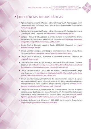 Referências bibliográficas
 
51
ORIENTAÇÕES PARA A RECUPERAÇÃO
E CONSOLIDAÇÃO DAS APRENDIZAGENS
AO LONGO DO ANO LETIVO DE 2020/2021
índice
7 | REFERÊNCIAS BIBLIOGRÁFICAS
•	 Agência Nacional para a Qualificação e o Ensino Profissional, I.P., Aprendizagens Essen-
ciais para os Cursos Profissionais e os Cursos Artísticos Especializados. Disponível em
www.anqep.gov.pt
•	 Agência Nacional para a Qualificação e o Ensino Profissional, I.P., Catálogo Nacional de
Qualificações (CNQ). Disponível em http://www.catalogo.anqep.gov.pt/
•	 Compass – Manual de Educação para os Direitos Humanos com jovens (2016). Dínamo
– Associação de Dinamização Sócio-Cultural. Disponível em http://www.dinamo.pt/
images/dinamo/publicacoes/compass_2016_pt.pdf
•	 Direção-Geral da Educação, Apoio às Escolas 2019-2020. Disponível em https://
apoioescolas.dge.mec.pt/
•	 Direção-Geral da Educação, Aprendizagens Essenciais (Ensinos Básico e Secundário).
Disponível em https://www.dge.mec.pt/aprendizagens-essenciais-0
•	 Direção-Geral da Educação, Autonomia e Flexibilidade Curricular. Disponível em
https://afc.dge.mec.pt/
•	 Direção-Geral da Educação (s/d). Estratégia Nacional de Educação para a Cidadania.
Disponível em https://www.dge.mec.pt/sites/default/files/Projetos_Curriculares/
Aprendizagens_Essenciais/estrategia_cidadania_original.pdf
•	 Direção-Geral da Educação (2017). Perfil dos Alunos à Saída da Escolaridade Obriga-
tória. Disponível em https://dge.mec.pt/sites/default/files/Curriculo/Projeto_Auto-
nomia_e_Flexibilidade/perfil_dos_alunos.pdf
•	 Direção-Geral da Educação, Direção-Geral dos Estabelecimentos Escolares  Agência
Nacional para a Qualificação e o Ensino Profissional, I.P., 8 Princípios Orientadores para
a Implementação do Ensino a Distância (E@D) nas Escolas. Disponível em https://www.
dge.mec.pt/sites/default/files/roteiro_ead_vfinal.pdf
•	 Direção-Geral da Educação, Direção-Geral dos Estabelecimentos Escolares  Agência
Nacional para a Qualificação e o Ensino Profissional, I.P., Princípios Orientadores para
uma Avaliação Pedagógica em Ensino a Distância (E@D). Disponível em https://www.
dge.mec.pt/sites/default/files/roteiro_avaliacao_ensino_a_distancia.pdf
•	 Resolução do Conselho de Ministros n.º 53-D / 2020, de 20 de julho. Disponível em
https://dre.pt/application/conteudo/138461849
 