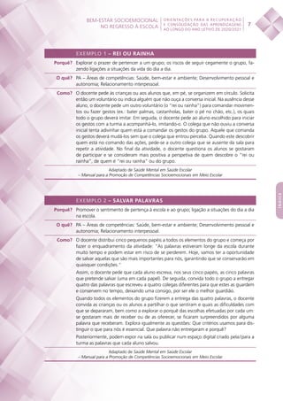 BEM-ESTAR SOCIOEMOCIONAL
NO REGRESSO À ESCOLA
 
7
ORIENTAÇÕES PARA A RECUPERAÇÃO
E CONSOLIDAÇÃO DAS APRENDIZAGENS
AO LONGO DO ANO LETIVO DE 2020/2021
índice
EXEMPLO 1 – REI OU RAINHA
Porquê? Explorar o prazer de pertencer a um grupo; os riscos de seguir cegamente o grupo, fa-
zendo ligações a situações da vida do dia a dia.
O quê? PA – Áreas de competências: Saúde, bem-estar e ambiente; Desenvolvimento pessoal e
autonomia; Relacionamento interpessoal.
Como? O docente pede às crianças ou aos alunos que, em pé, se organizem em círculo. Solicita
então um voluntário ou indica alguém que não ouça a conversa inicial. Na ausência desse
aluno, o docente pede um outro voluntário (o “rei ou rainha”) para comandar movimen-
tos ou fazer gestos (ex.: bater palmas, castanholas, bater o pé no chão, etc.), os quais
todo o grupo deverá imitar. Em seguida, o docente pede ao aluno escolhido para iniciar
os gestos com a turma a acompanhá-lo, imitando-o. O colega que não ouviu a conversa
inicial tenta adivinhar quem está a comandar os gestos do grupo. Aquele que comanda
os gestos deverá mudá-los sem que o colega que entrou perceba. Quando este descobrir
quem está no comando das ações, pede-se a outro colega que se ausente da sala para
repetir a atividade. No final da atividade, o docente questiona os alunos se gostaram
de participar e se consideram mais positiva a perspetiva de quem descobre o “rei ou
rainha”, de quem é “rei ou rainha” ou do grupo.
Adaptado de Saúde Mental em Saúde Escolar
– Manual para a Promoção de Competências Socioemocionais em Meio Escolar
EXEMPLO 2 – SALVAR PALAVRAS
Porquê? Promover o sentimento de pertença à escola e ao grupo; ligação a situações do dia a dia
na escola.
O quê? PA – Áreas de competências: Saúde, bem-estar e ambiente; Desenvolvimento pessoal e
autonomia; Relacionamento interpessoal.
Como? O docente distribui cinco pequenos papéis a todos os elementos do grupo e começa por
fazer o enquadramento da atividade: “As palavras estiveram longe da escola durante
muito tempo e podem estar em risco de se perderem. Hoje, vamos ter a oportunidade
de salvar aquelas que são mais importantes para nós, garantindo que se conservarão em
quaisquer condições.”
Assim, o docente pede que cada aluno escreva, nos seus cinco papéis, as cinco palavras
que pretende salvar (uma em cada papel). De seguida, convida todo o grupo a entregar
quatro das palavras que escreveu a quatro colegas diferentes para que estes as guardem
e conservem no tempo, deixando uma consigo, por ser ele o melhor guardião.
Quando todos os elementos do grupo fizerem a entrega das quatro palavras, o docente
convida as crianças ou os alunos a partilhar o que sentiram e quais as dificuldades com
que se depararam, bem como a explorar o porquê das escolhas efetuadas por cada um:
se gostaram mais de receber ou de as oferecer, se ficaram surpreendidos por alguma
palavra que receberam. Explora igualmente as questões: Que critérios usamos para dis-
tinguir o que para nós é essencial. Que palavra não entregaram e porquê?
Posteriormente, podem expor na sala ou publicar num espaço digital criado pela / para a
turma as palavras que cada aluno salvou.
Adaptado de Saúde Mental em Saúde Escolar
– Manual para a Promoção de Competências Socioemocionais em Meio Escolar
 