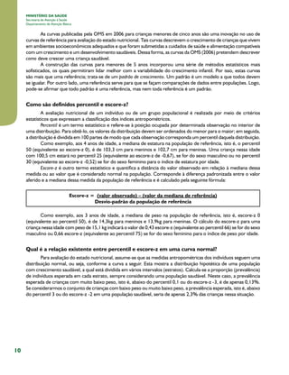 10
MINISTÉRIO DA SAÚDE
Secretaria de Atenção à Saúde
Departamento de Atenção Básica
As curvas publicadas pela OMS em 2006 para crianças menores de cinco anos são uma inovação no uso de
curvas de referência para avaliação do estado nutricional. Tais curvas descrevem o crescimento de crianças que vivem
em ambientes socioeconômicos adequados e que foram submetidas a cuidados de saúde e alimentação compatíveis
com um crescimento e um desenvolvimento saudáveis. Dessa forma, as curvas da OMS (2006) pretendem descrever
como deve crescer uma criança saudável.
A construção das curvas para menores de 5 anos incorporou uma série de métodos estatísticos mais
sofisticados, os quais permitiram lidar melhor com a variabilidade do crescimento infantil. Por isso, estas curvas
são mais que uma referência; trata-se de um padrão de crescimento. Um padrão é um modelo a que todos devem
se igualar. Por outro lado, uma referência serve para que se façam comparações de dados entre populações. Logo,
pode-se afirmar que todo padrão é uma referência, mas nem toda referência é um padrão.
Como são definidos percentil e escore-z?
A avaliação nutricional de um indivíduo ou de um grupo populacional é realizada por meio de critérios
estatísticos que expressam a classificação dos índices antropométricos.
Percentil é um termo estatístico e refere-se à posição ocupada por determinada observação no interior de
uma distribuição. Para obtê-lo, os valores da distribuição devem ser ordenados do menor para o maior; em seguida,
a distribuição é dividida em 100 partes de modo que cada observação corresponda um percentil daquela distribuição.
Como exemplo, aos 4 anos de idade, a mediana de estatura na população de referência, isto é, o percentil
50 (equivalente ao escore-z 0), é de 103,3 cm para meninos e 102,7 cm para meninas. Uma criança nessa idade
com 100,5 cm estará no percentil 25 (equivalente ao escore-z de -0,67), se for do sexo masculino ou no percentil
30 (equivalente ao escore-z -0,52) se for do sexo feminino para o índice de estatura por idade.
Escore-z é outro termo estatístico e quantifica a distância do valor observado em relação à mediana dessa
medida ou ao valor que é considerado normal na população. Corresponde à diferença padronizada entre o valor
aferido e a mediana dessa medida da população de referência e é calculado pela seguinte fórmula:
Escore-z = (valor observado) – (valor da mediana de referência)
Desvio-padrão da população de referência
Como exemplo, aos 3 anos de idade, a mediana de peso na população de referência, isto é, escore-z 0
(equivalente ao percentil 50), é de 14,3kg para meninos e 13,9kg para meninas. O cálculo do escore-z para uma
criança nessa idade com peso de 15,1 kg indicará o valor de 0,43 escore-z (equivalente ao percentil 66) se for do sexo
masculino ou 0,66 escore-z (equivalente ao percentil 75) se for do sexo feminino para o índice de peso por idade.
Qual é a relação existente entre percentil e escore-z em uma curva normal?
Para avaliação do estado nutricional, assume-se que as medidas antropométricas dos indivíduos seguem uma
distribuição normal, ou seja, conforme a curva a seguir. Esta mostra a distribuição hipotética de uma população
com crescimento saudável, a qual está dividida em vários intervalos (estratos). Calcula-se a proporção (prevalência)
de indivíduos esperada em cada estrato, sempre considerando uma população saudável. Neste caso, a prevalência
esperada de crianças com muito baixo peso, isto é, abaixo do percentil 0,1 ou do escore-z -3, é de apenas 0,13%.
Se considerarmos o conjunto de crianças com baixo peso ou muito baixo peso, a prevalência esperada, isto é, abaixo
do percentil 3 ou do escore-z -2 em uma população saudável, seria de apenas 2,3% das crianças nessa situação.
 