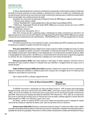 14
MINISTÉRIO DA SAÚDE
Secretaria de Atenção à Saúde
Departamento de Atenção Básica
A mãe ou responsável deve ser muito bem orientada para compreender as informações contidas na Caderneta
de Saúde da Criança, guardá-la em boas condições e apresentá-la em todos os contatos com profissionais e/ou
serviços de saúde, pois se trata de instrumento de caráter motivacional e educativo para a melhoria da saúde infantil,
dentro da abordagem dos cuidados primários de saúde.
Os gráficos de crescimento da Caderneta de Saúde da Criança de 2009 seguem a seguinte padronização:
• Variáveis: peso, estatura e idade
• Índices: Peso/Idade (P/I),  Estatura/Idade (E/I) e Índice de Massa Corporal/Idade (IMC/I).
• Referências: Organização Mundial da Saúde (WHO, 2006) para as crianças menores de 5 anos e (WHO
2007) para aquelas entre 5 e 10 anos.
• Classificação: escores-z
• Pontos de corte: vide quadros 10 e 11.
Nota: Para crianças que têm a caderneta antiga, a classificação do estado nutricional é em percentil e nos
seguintes pontos de corte: p3; p10 e p97. Referências: Organização Mundial da Saúde (WHO, 2006) para as crianças
menores de 5 anos e National Center for Health Statistics – NCHS (HAMILL et al., 1977) para aquelas entre 5 e 10 anos.
Índices antropométricos:
Os índices antropométricos mais amplamente usados, recomendados pela OMS e adotados pelo Ministério
da Saúde para a avaliação do estado nutricional de crianças, são:
Peso-para-idade (P/I): Expressa a relação entre a massa corporal e a idade cronológica da criança. É o índice
utilizado para a avaliação do estado nutricional, contemplado na Caderneta de Saúde da Criança, principalmente
para avaliação do baixo peso. Essa avaliação é muito adequada para o acompanhamento do ganho de peso e reflete
a situação global da criança; porém, não diferencia o comprometimento nutricional atual ou agudo dos pregressos
ou crônicos. Por isso, é importante complementar a avaliação com outro índice antropométrico.
Peso-para-estatura (P/E): Este índice dispensa a informação da idade; expressa a harmonia entre as
dimensões de massa corporal e estatura. É utilizado tanto para identificar o emagrecimento da criança, como o
excesso de peso.
Índice de Massa Corporal (IMC)-para-idade: expressa a relação entre o peso da criança e o quadrado da
estatura. É utilizado para identificar o excesso de peso entre crianças e tem a vantagem de ser um índice que será
utilizado em outras fases do curso da vida.
Para o cálculo do IMC, é utilizada a seguinte fórmula:
Índice de Massa Corporal (IMC) = Peso (kg)
Estatura² (m)
O SISVAN recomenda a classificação do Índice de Massa Corporal - IMC proposta pela Organização
Mundial da Saúde, tanto para menores de 5 anos (WHO, 2006), como para crianças a partir dos 5 anos (WHO
,2007). As curvas de avaliação do crescimento para crianças dos 5 aos 19 anos foram lançadas recentemente
pela OMS. Trata-se de uma reanálise dos dados do NCHS de 1977 (Hamill et al. 1977), além de um alisamento
das curvas no período de transição entre os menores de 5 anos de idade, avaliados segundo o estudo-base dos
dados lançados em 2006, e os indivíduos a partir dos 5 anos.
No Anexo, constam os valores de IMC e dos outros índices antropométricos para a avaliação do estado
nutricional de crianças em cada faixa de idade e sexo, tanto em percentis como em escores-z.
Estatura-para-idade (E/I): Expressa o crescimento linear da criança. É o índice que melhor indica o efeito
cumulativo de situações adversas sobre o crescimento da criança. É considerado o indicador mais sensível para aferir a
qualidade de vida de uma população. Trata-se de um índice incluído recentemente na Caderneta de Saúde da Criança.
 